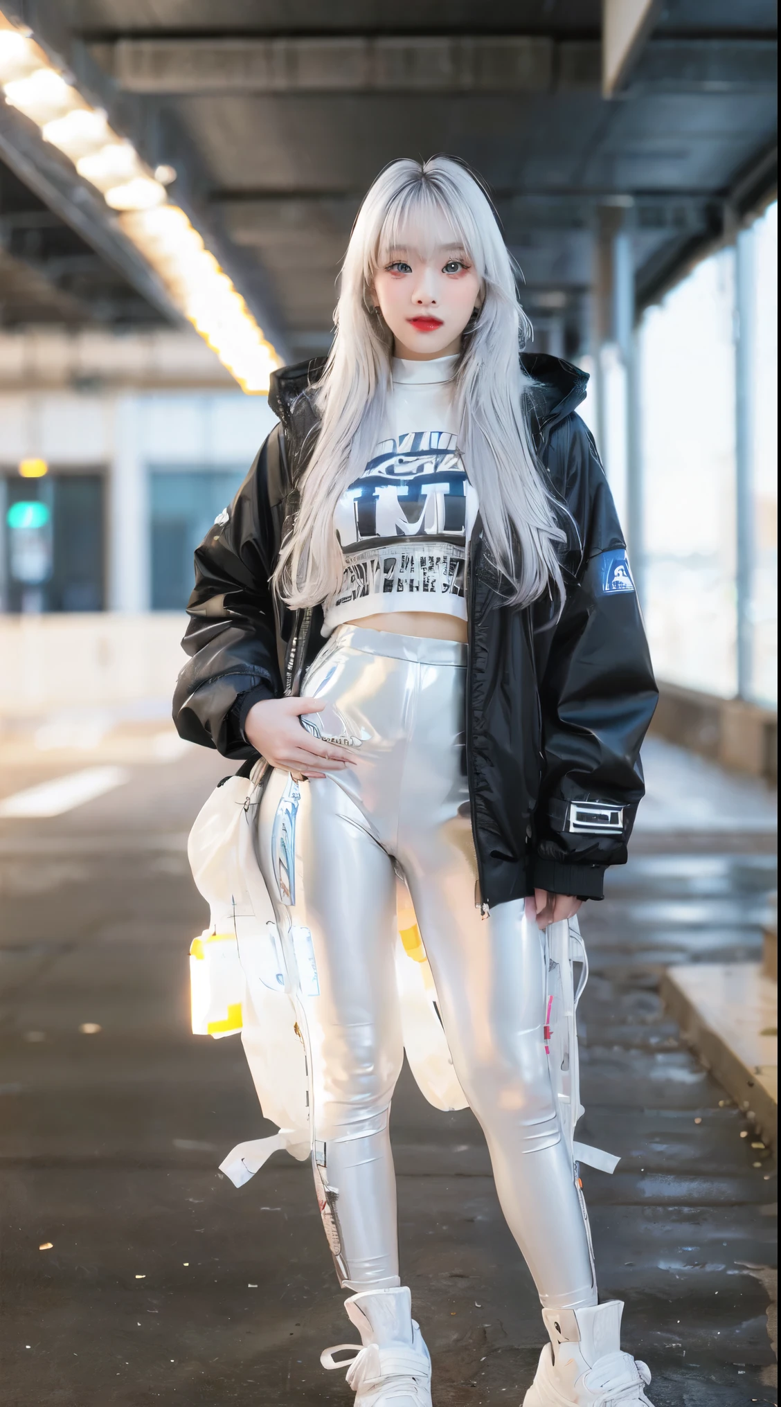 1girll, helmet, Hood, Solo, Spacesuit, Extra-long_Hair, bangs, Jacket, The upper part of the body_Body, White_Hair, bag, Blurry, Coat, Grey_Eyes, Mask, Blurry_Background, Backpack, zippers, Mouth_Mask, Covered_Mouth, Urban tech clothing, Outfit,lowerbody,Fair long legs,Unequal cyber leggings,with light glowing,zipperechanical booties,Full body shot