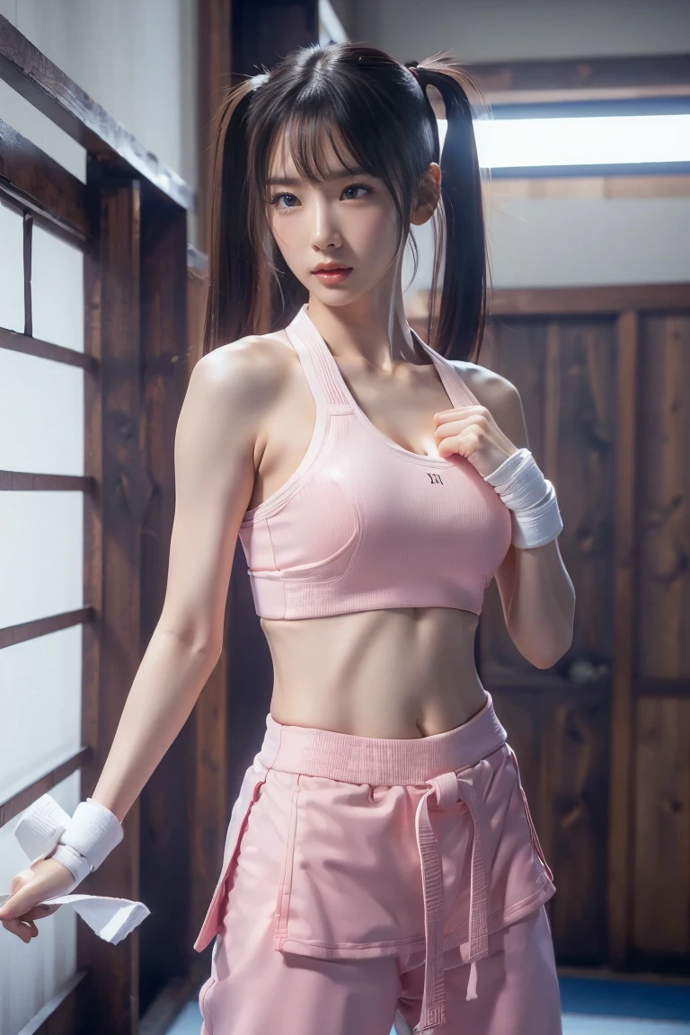 (I see a sports bra)、(((sexy pink karate uniform)))、a female karateka with bangs and twintails.、belly button and lower chest are visible、shiny skin、((Shy face))、((Turn your face away))、((Check out the side))、((Blushed))、(teary eyes)、cry、(((Karate dojo)))、((beautiful picture))，(masterpiece details RAW photos:1.25), (best quality:1.6), (Ultra-high resolution:1.5), (actual:1.75), 8K resolution, Canon EOS R5, 50 mm, absurd, Super detailed,movie lighting、((sports bra is clearly visible))、(((pants are taken off)))、