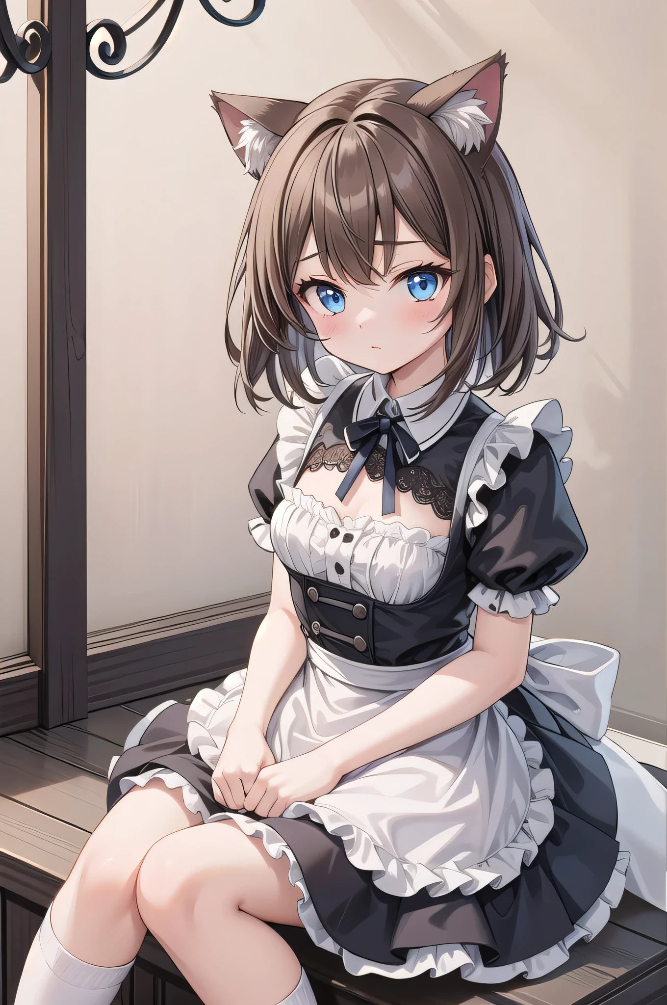 Solo Girl, 20-year-old,Medium Hair, Light brown hair, Mid-chest, highest quality, High resolution, Very detailed, Detailed Background, Perfect lighting、Extreme maid outfit、very cute, Blue eyes, a pair of cat ears, Blush, white silk socks, lace, stand