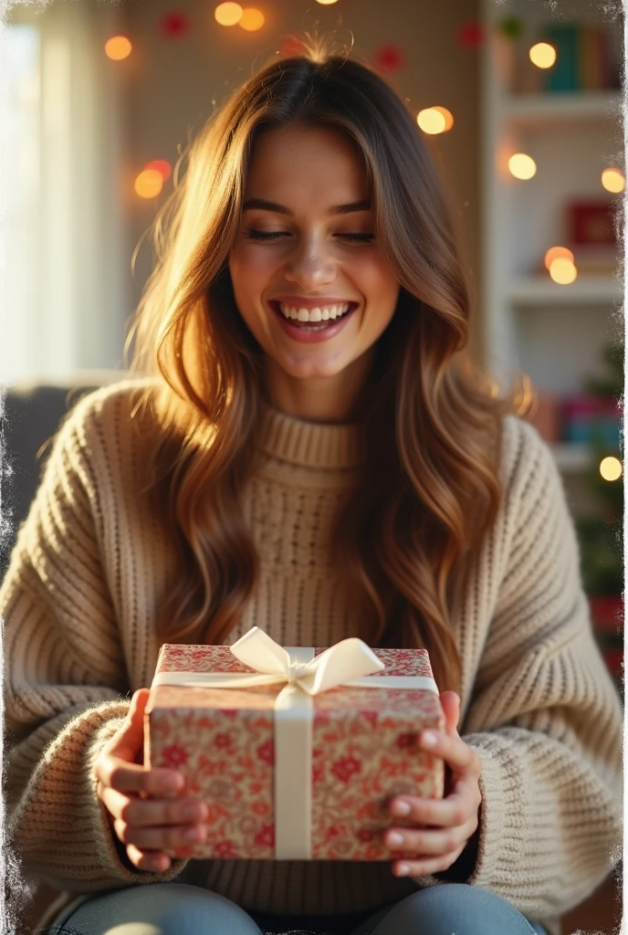 polaroid photo, 24 yr women opening a package and excited