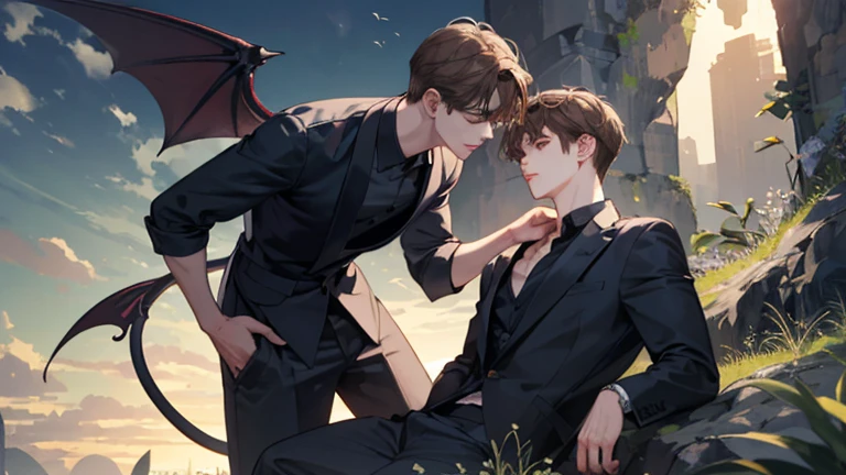(very handsome :1.2), 8K,(masterpiece:1.0),(the best_quality:1.0), 1 boy, and intricate detailing, Enlarged texture, and intricate detailing, Delicate eyes and delicate face, and intricate detailing, Seductive and captivating, Bright Light, Light brown hair, Chin in hand, Young and handsome, Black shirt, Black suit pants, (Shut up), brown eyes, Tired eyes, Equal eyes, Carolina Eyes (male demon), Rong Qi is quite tall，Black shirt tucked into matching trousers，Eyebrow shaping and eye-enhancing、Broad shoulders and long legs，There is a sense of quiet concealment。