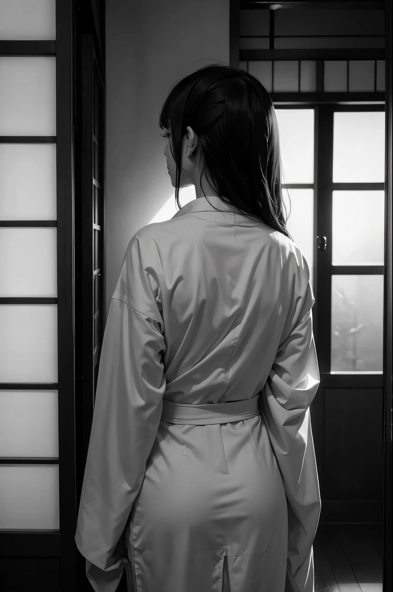 {
  "size": "1024x1024",
  "prompt": "A monochrome photograph capturing a traditional Japanese house interior with a dark, shadowy atmosphere. The scene features sliding fusuma doors on the left and right, leading to a dimly lit room. A young Japanese woman, about , is standing with her back to the camera, facing a window at the back of the room. She is wearing a casual summer yukata, typically worn for festivals, and has white, semi-long hair with bangs. She is striking a pose as if she is about to start dancing. The minimal light entering through the window creates a strong chiaroscuro effect, emphasizing the room's darkness. The overall mood is refined, focusing on the interplay of deep shadows and subtle light, giving the impression of a carefully crafted, elegant photograph."
}
