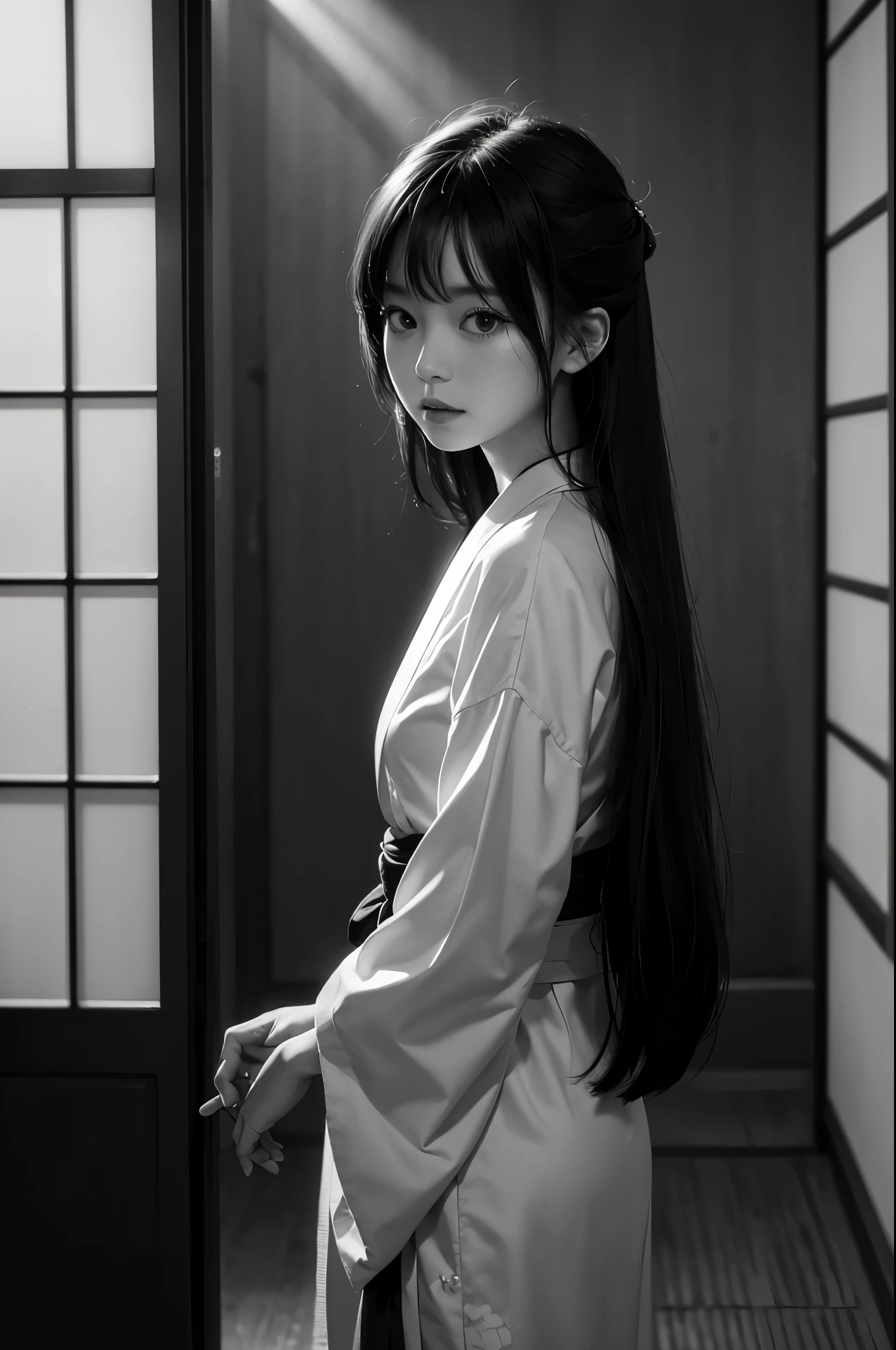 {
  "size": "1024x1024",
  "prompt": "A monochrome photograph capturing a traditional Japanese house interior with a dark, shadowy atmosphere. The scene features sliding fusuma doors on the left and right, leading to a dimly lit room. A young Japanese woman, about , is standing with her back to the camera, facing a window at the back of the room. She is wearing a casual summer yukata, typically worn for festivals, and has white, semi-long hair with bangs. She is striking a pose as if she is about to start dancing. The minimal light entering through the window creates a strong chiaroscuro effect, emphasizing the room's darkness. The overall mood is refined, focusing on the interplay of deep shadows and subtle light, giving the impression of a carefully crafted, elegant photograph."
}
