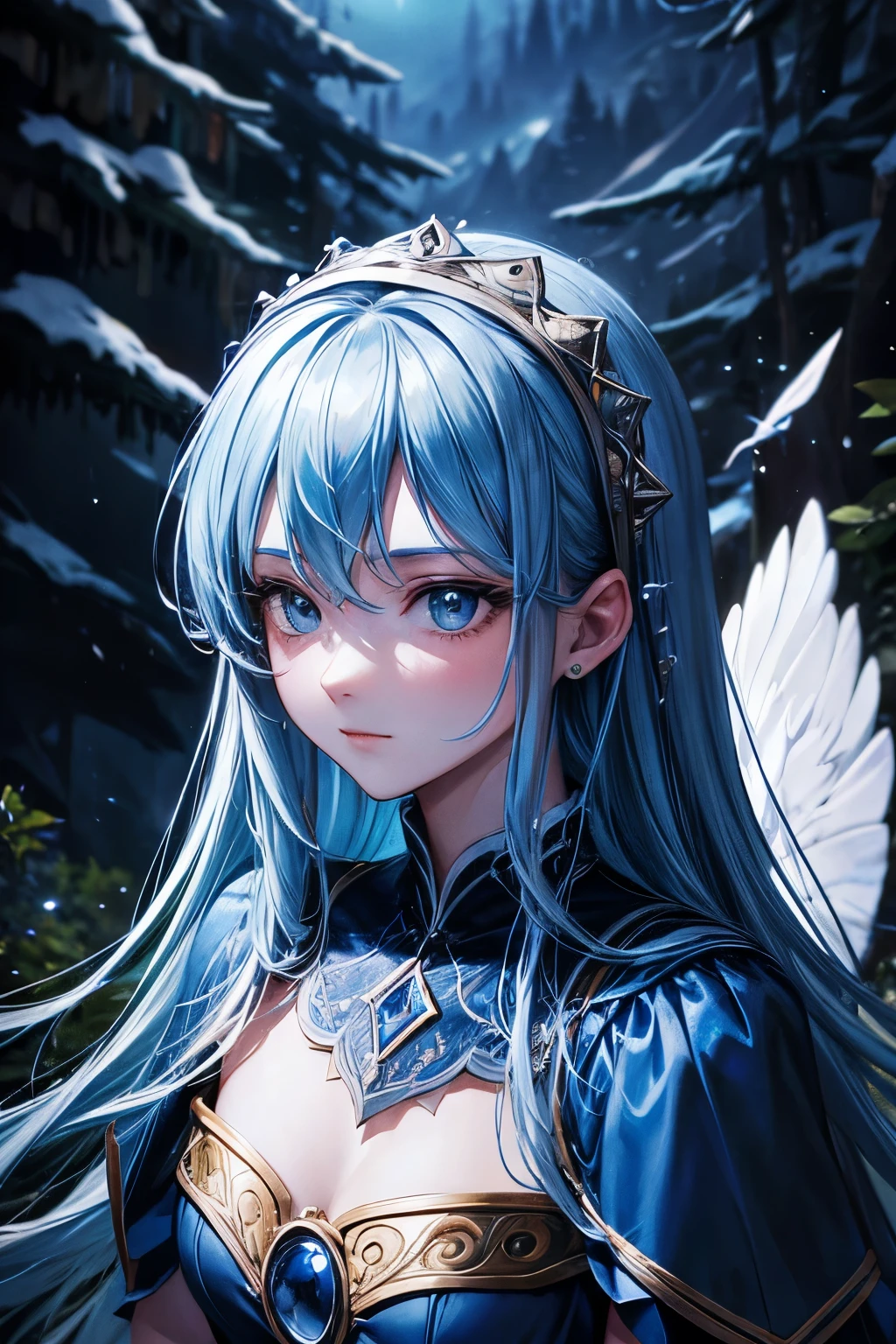 masterpiece, best quality, marian_Time flies, blue dress, Capulet, Dark alpine forest, Permanent, night, look up, Upper Body, Detailed face