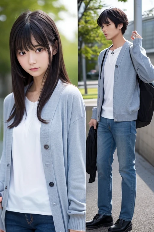 Light(Shine), Basic information:, age: , gender: male, character: Although introverted and a little anxious,、A strong sense of justice at heart, Features: School uniform and casual wear, design elements:, Hairstyle:, Medium length、Slightly messy。The bangs are a little long、Black hair that falls to the eyes。Overall natural feel、Not too styled。, eye:, big、Eyes that shimmer slightly。Eye color is deep blue or green。full of emotion、Able to express inner anxiety or surprise。, clothing:, School uniforms are traditional Japanese high school student style。White shirt and dark blue blazer、Grey slacks。In casual situations、Jeans and T-shirt、Wearing a cardigan。Common to both outfits、Simple and practical design。, アクセサリー:, Neck strap for hanging my student ID、My usual smartphone。After being transported to another world、I lost the ability to use my smartphone、Instead, there's a possibility of obtaining a special item from Aurelium。, expression:, contemplative and thoughtful expressions、Facial expressions that convey anxiety or confusion。strong expressions that show surprise or determination in action scenes。