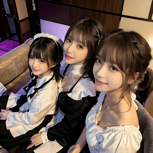 ((Top View,Maid clothes))、Everyone is wearing different clothes.、Random and cute faces、Quality skin texture、Highest quality、smile、masterpiece、High-resolution images、Dark Room、Karaoke Box、18-year-old、かわいいsmile、big 、On the sofa、Surround me、Smile at me
