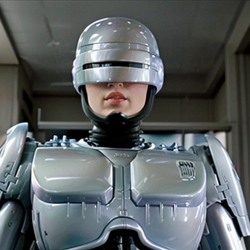 Female Robocop, tall, busty, beautiful woman, sticky white translucent liquid splashed on her body