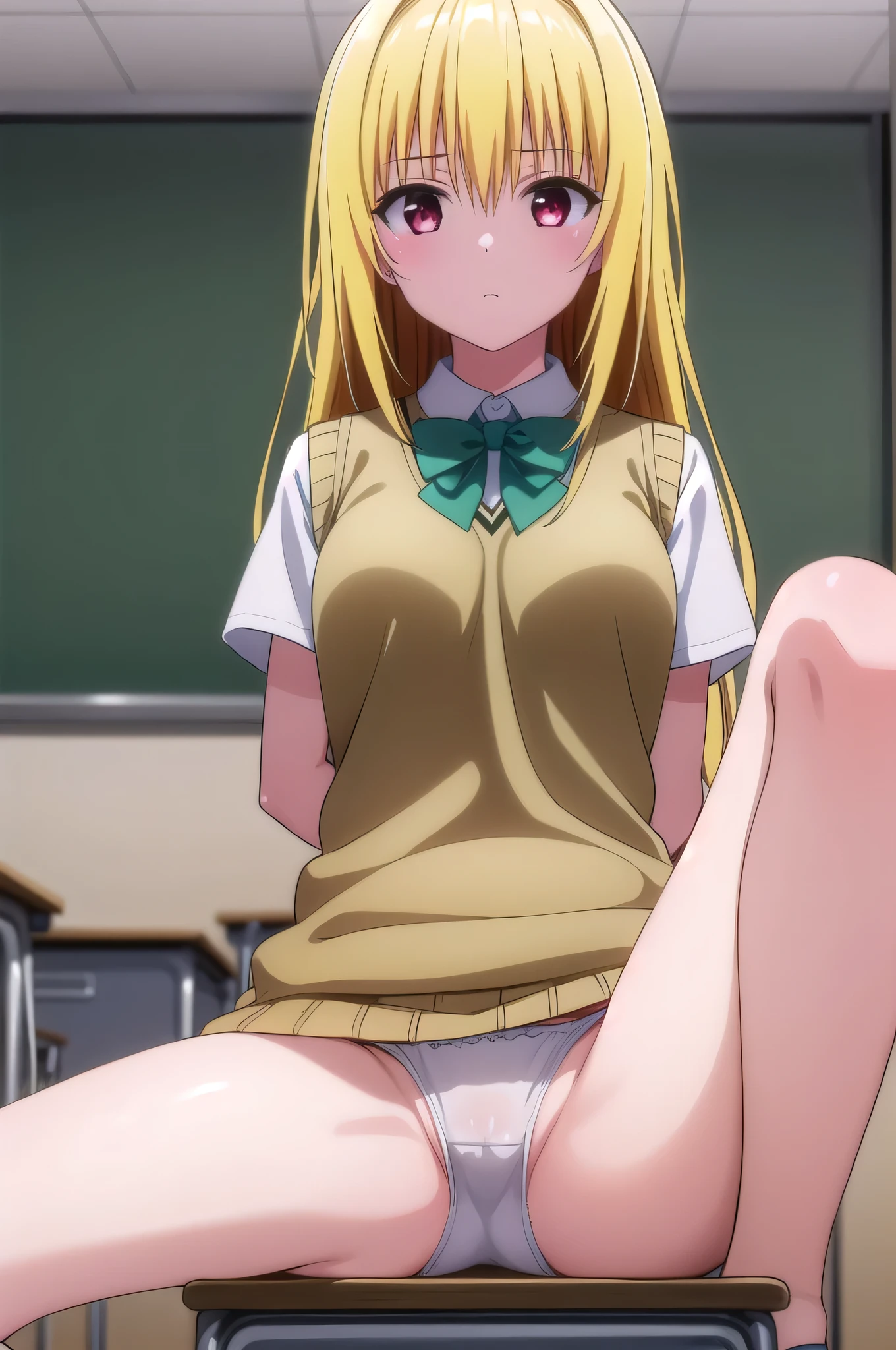 nsfw,1girl,1 person、toloverumy, my, Yellow Hair, Long Hair, Red eyes,
break school uniform, shirt, white shirt, bow, green bow, sweater, light brown sweater vest, Short sleeve,
break indoors, classroom,Sit on a chair、Spread your legs、
break looking at viewer, Cowboy Shot,((White panties))、Panty shot、bottomless,(,arms behind back,)、(pussy cameltoe:1.0)
break (masterpiece:1.2), Highest quality, High resolution, (figure:0.8),