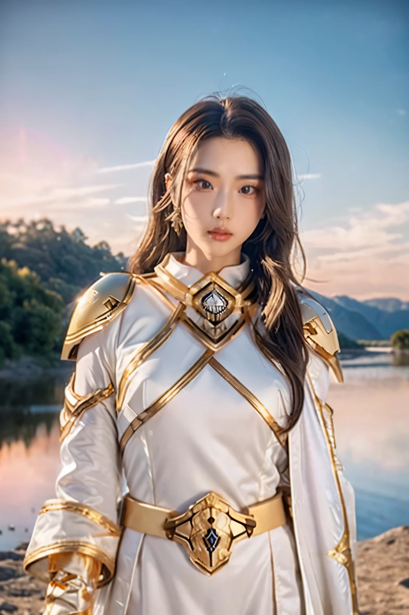 ((masterpiece, best quality, extremely detailed), volumetric lighting, ambient occlusion, colorful, glowing), 1girl, solo, young girl, (dark hair), long hair, halo, aura, sacred, goddess, cleric suit, (power ranger with gold detailst:1.3), seethrough robe, outdoors, sunset, sky, clouds, space, (fantasy theme:1.2), face marking, white robe