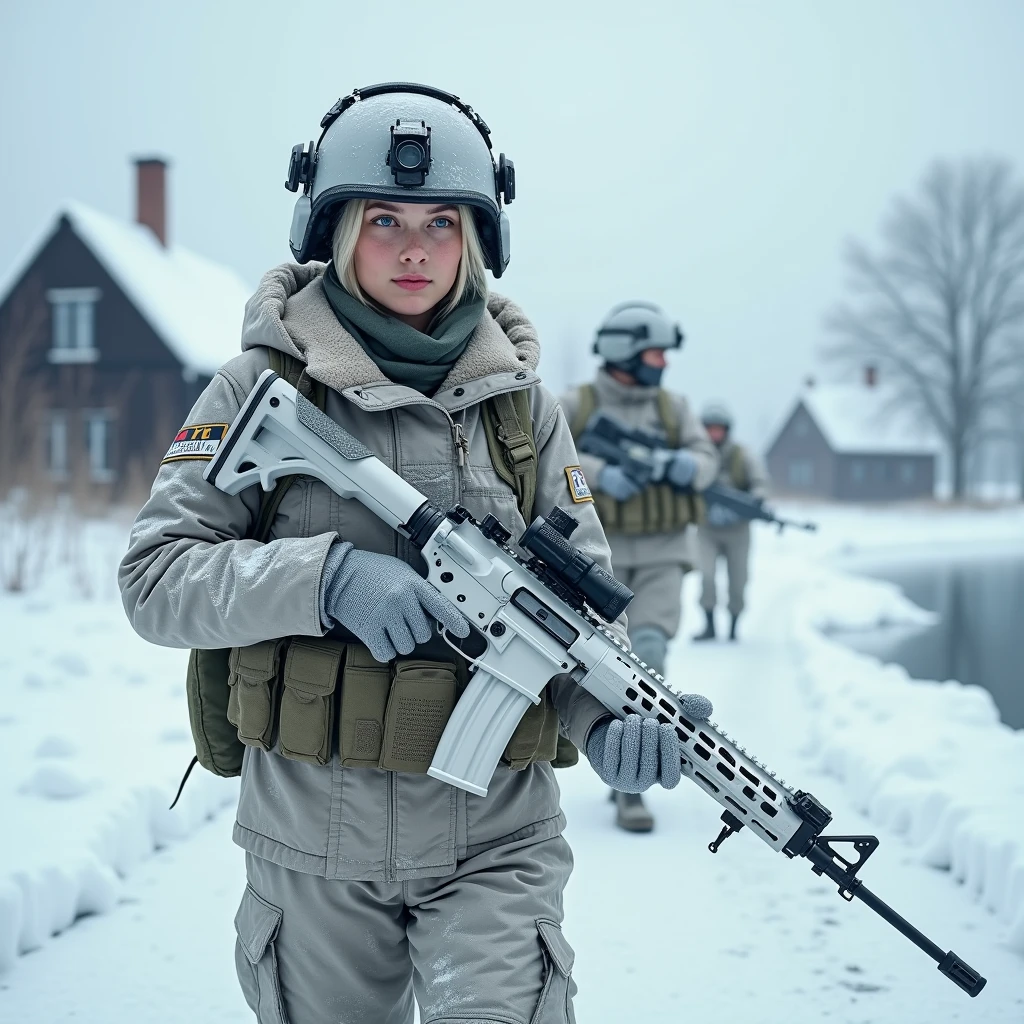 Masterpiece, a 26 years old Latvian female Border Control operative wearing a spec ops helmet walking in a winter camouflage uniform holding a white painted HK416 with a 4X scope and wearing a spec ops helmet with coms. Shis is passing in front of a Latvian village a frozen lake with a group of soldiers, beautiful round face, (platinium blonde short hair, blue eyes, very pale skin:1.2), a beautiful woman in a military uniform holding a rifle, of a sniper girl in war, realistic soldiers, beautiful female soldier, infantry girl, soldier girl, small character. unreal engine 5, movie still 8 k, portrait of soldier girl, mechanized soldier girl, female lead character, 8k portrait render, 3 d render character art 8 k, solo female character, ultra high res.photorealistic, UHD, RAW