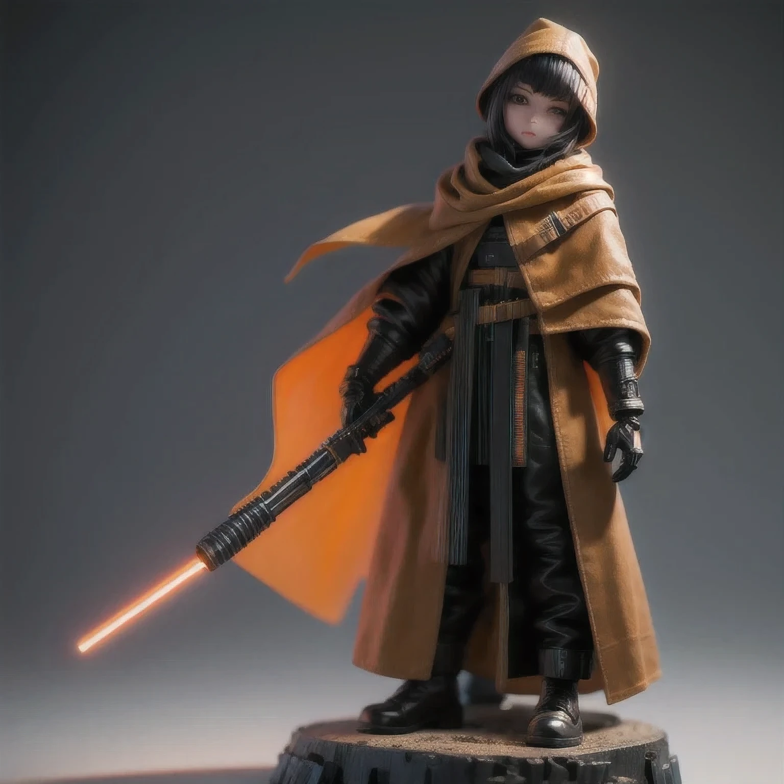 Black gold silk cyberpunk mine snow light orange rough linen cloak Trump lightsaber space floating 1:6 Miniatures，illustration