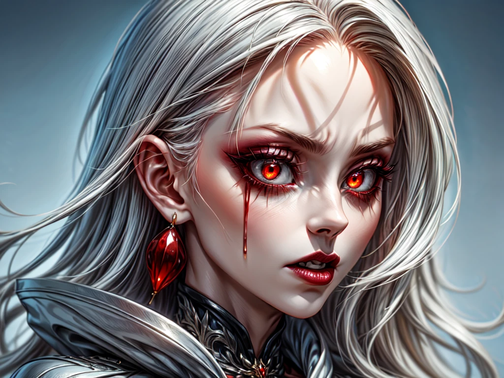 a portrait of vampire with a bloody tear coming down from he eye, an exotic beautiful female vampire, red hair color, dynamic hair style, ultra detailed face, best detailed face, silver eye color, ((1single red teardrop: 1.3)), ((tear drop made from blood)), ((teardrop coming down from the eye: 1.3)), small cleavage, wearing two black diamond earrings, Ultra-high resolution, High Contrast, (masterpiece:1.5), highest quality, Best aesthetics), 16K fantasy art, best details, best quality, highres, (ultra wide angle: 1.2), 16k, [ultra detailed], masterpiece, best quality, (extremely detailed), wearing d2c, wearing d2d, DonMD3m0nV31ns, vampire 