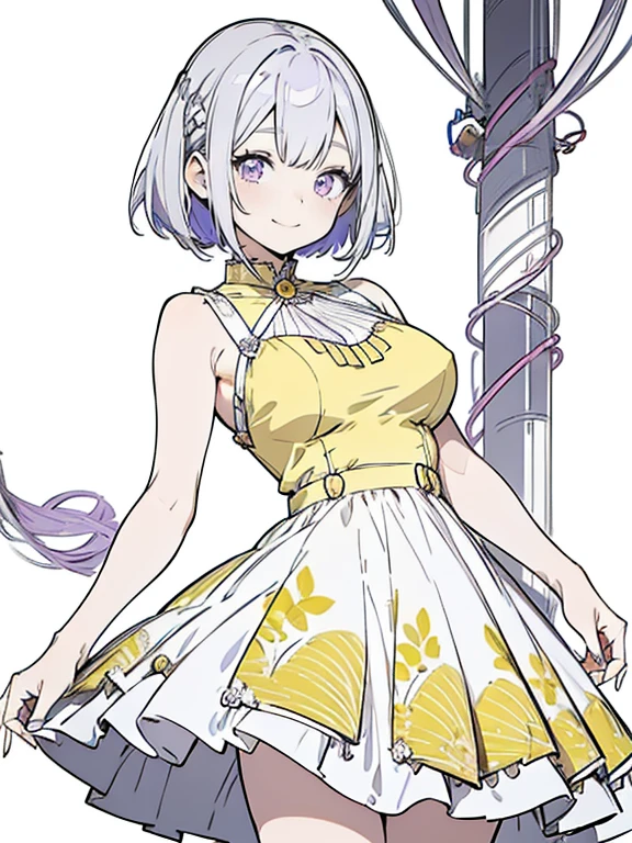 Anime girl with yellow hair in bob hairstyle and wearing a simple dress, Anime Drawings, Anime Goddess, purple eyes and dress, Wear a dress, dress, Silver Hair, Beautiful anime artwork, cute, smile, Strong outline,colorful，colorful，colorful，Big Breasts，Large Breasts，sharp目，sharp，High resolution, Simple Background, Close-up, 
