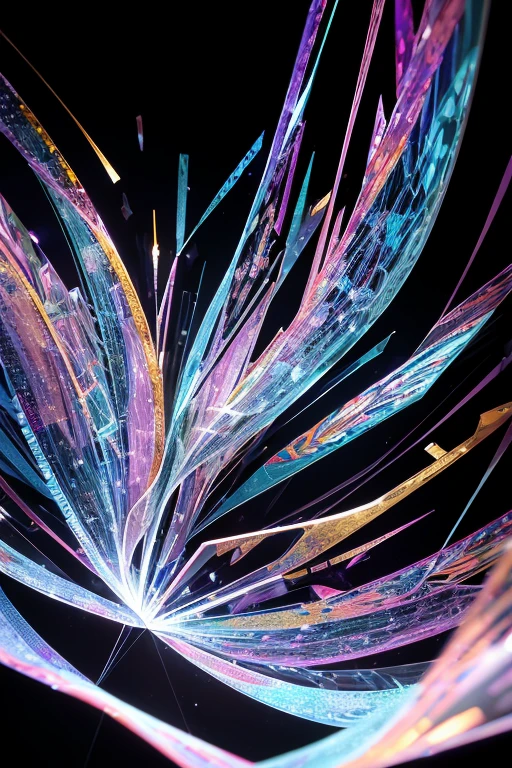 (ultra detailed, absolutely resolution, best quality:1.3), the entire image shows glass with fine cracks, and the cracks create prism effect that causes the glass to reflect light in iridescent way, it becomes like stained glass, fusion of watercolors and oil paintings, fusion of paper cutting and shadow puppetry, mix of Japanese painting, ukiyo-e and woodblock prints, mix of monochrome and color, conceptual installation art, 2.5D, delicate and dynamic, artistic, hyper, graphic CG digital art