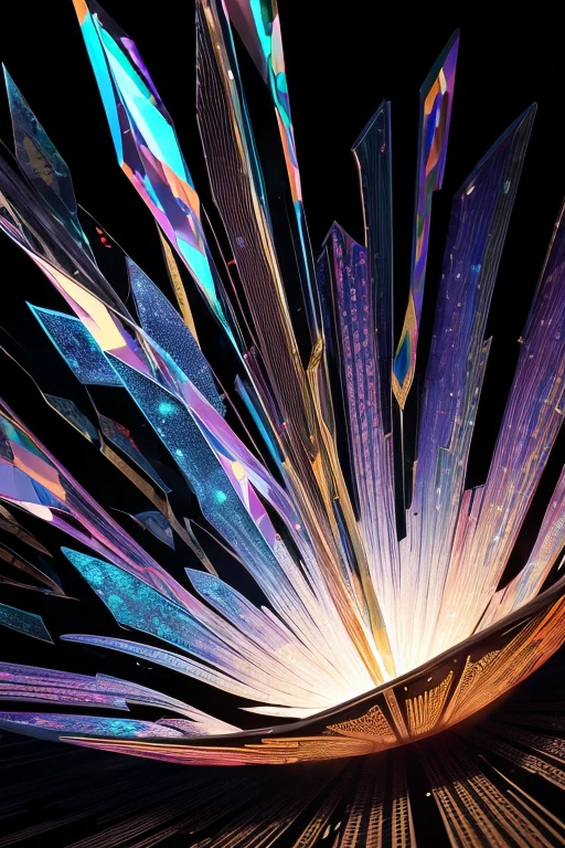 (ultra detailed, absolutely resolution, best quality:1.3), the entire image shows glass with fine cracks, and the cracks create prism effect that causes the glass to reflect light in iridescent way, it becomes like stained glass, fusion of watercolors and oil paintings, fusion of paper cutting and shadow puppetry, mix of Japanese painting, ukiyo-e and woodblock prints, mix of monochrome and color, conceptual installation art, 2.5D, delicate and dynamic, artistic, hyper, graphic CG digital art