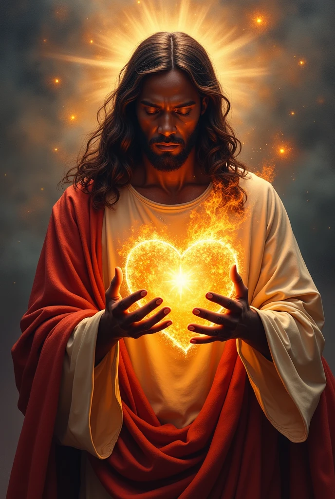 a painting of Jesus holding a heart with flames in his hands, JesusChrist, sacro energy, sacro flame spell, sacro, sacro imagery, by the Hildebrandt Brothers, por Brothers Hildebrandt, true heart, black Jesus, jesus, the lord and savior, por Joe Jusko, catholic religious art, true heart!, Corporal Hristofor Žefarović