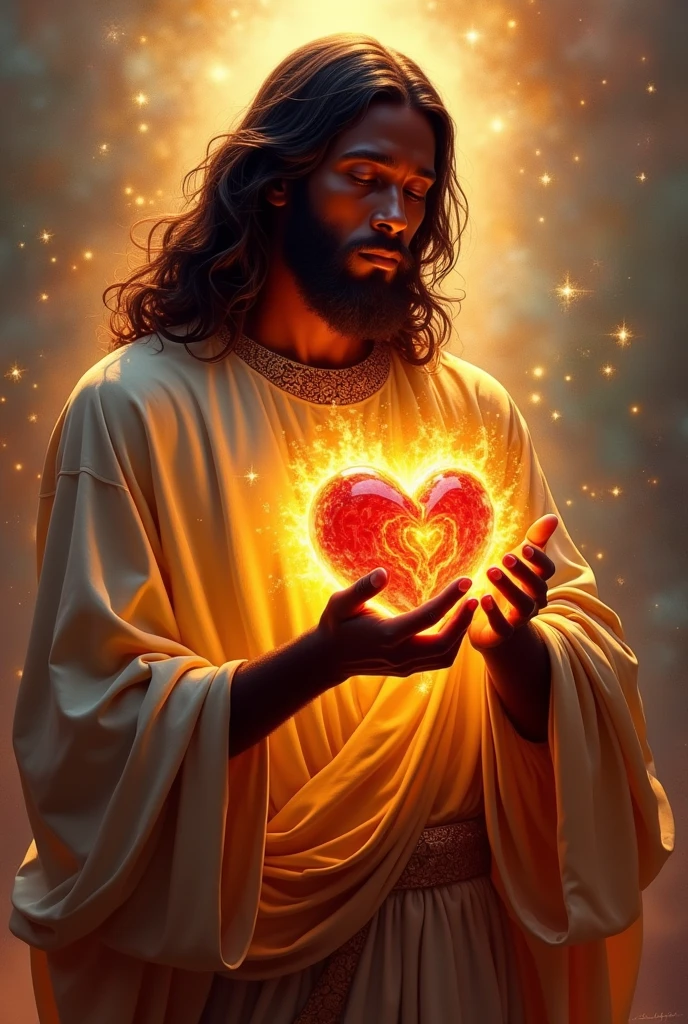 a painting of Jesus holding a heart with flames in his hands, JesusChrist, sacro energy, sacro flame spell, sacro, sacro imagery, by the Hildebrandt Brothers, por Brothers Hildebrandt, true heart, black Jesus, jesus, the lord and savior, por Joe Jusko, catholic religious art, true heart!, Corporal Hristofor Žefarović