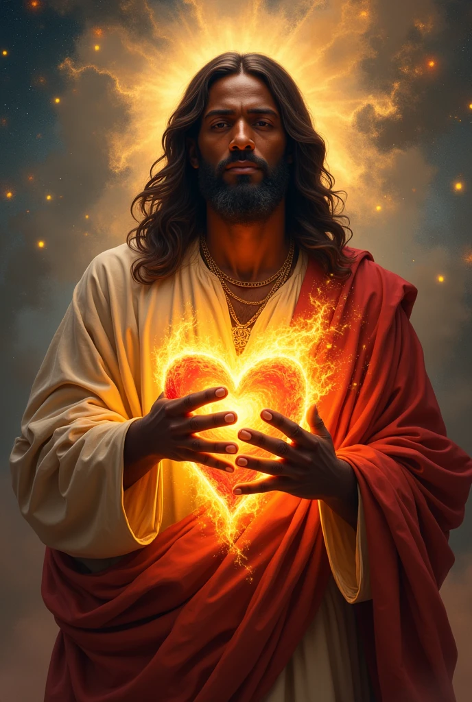 a painting of Jesus holding a heart with flames in his hands, JesusChrist, sacro energy, sacro flame spell, sacro, sacro imagery, by the Hildebrandt Brothers, por Brothers Hildebrandt, true heart, black Jesus, jesus, the lord and savior, por Joe Jusko, catholic religious art, true heart!, Corporal Hristofor Žefarović