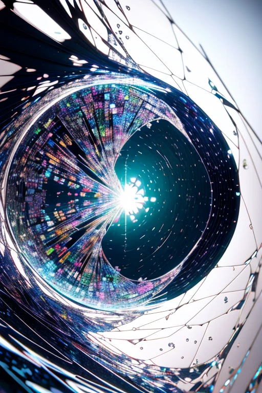 (ultra detailed, absolutely resolution, best quality:1.3), the entire image shows glass with fine cracks, and the cracks create prism effect that causes the glass to reflect light in iridescent way, it becomes like stained glass, fusion of watercolors and oil paintings, fusion of paper cutting and shadow puppetry, mix of Japanese painting, ukiyo-e and woodblock prints, mix of monochrome and color, conceptual installation art, 2.5D, delicate and dynamic, artistic, hyper, graphic CG digital art
