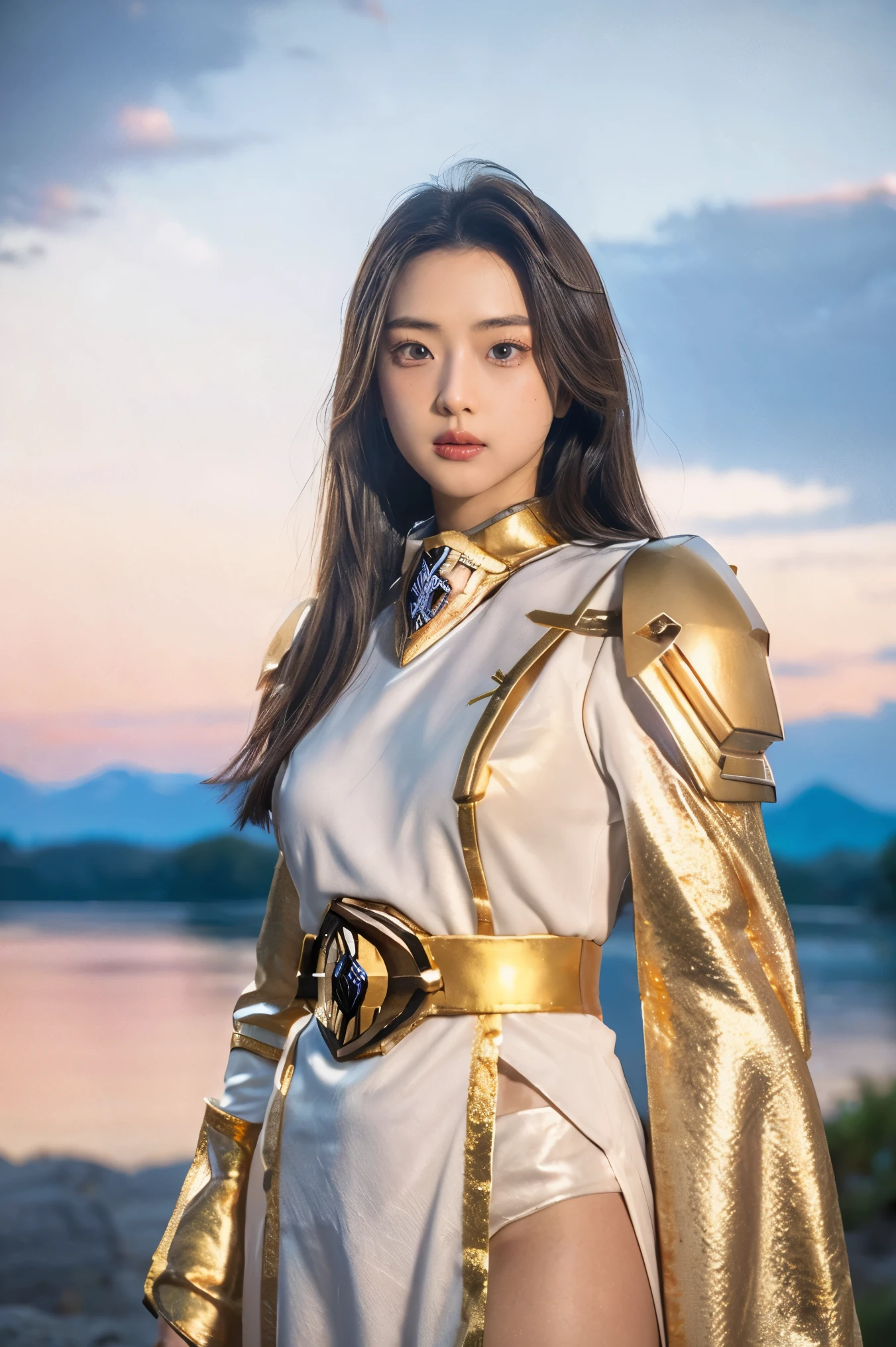 ((masterpiece, best quality, extremely detailed), volumetric lighting, ambient occlusion, colorful, glowing), 1girl, solo, young girl, (dark hair), long hair, halo, aura, sacred, goddess, cleric suit, (power ranger with gold detailst:1.3), seethrough robe, outdoors, sunset, sky, clouds, space, (fantasy theme:1.2), face marking, white robe