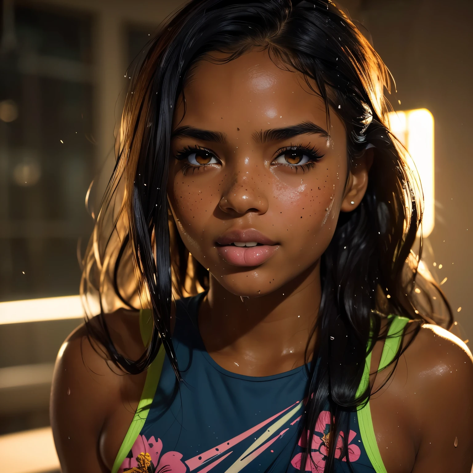 1girl, in laboratory, (18 years old), (Latina), dark skin, wide shot, long wavy hair, orgasm, (floral sun dress), (Masterpiece, Professional lighting, 16k, 8k wallpaper, raw photo, photorealistic:1.8, ultra detailed, natural lighting, detailed skin sexy pose, open mouth, big lips, night time, magic energy, neon light, orgasm, soaked, sweating, with freckles, crying, screaming