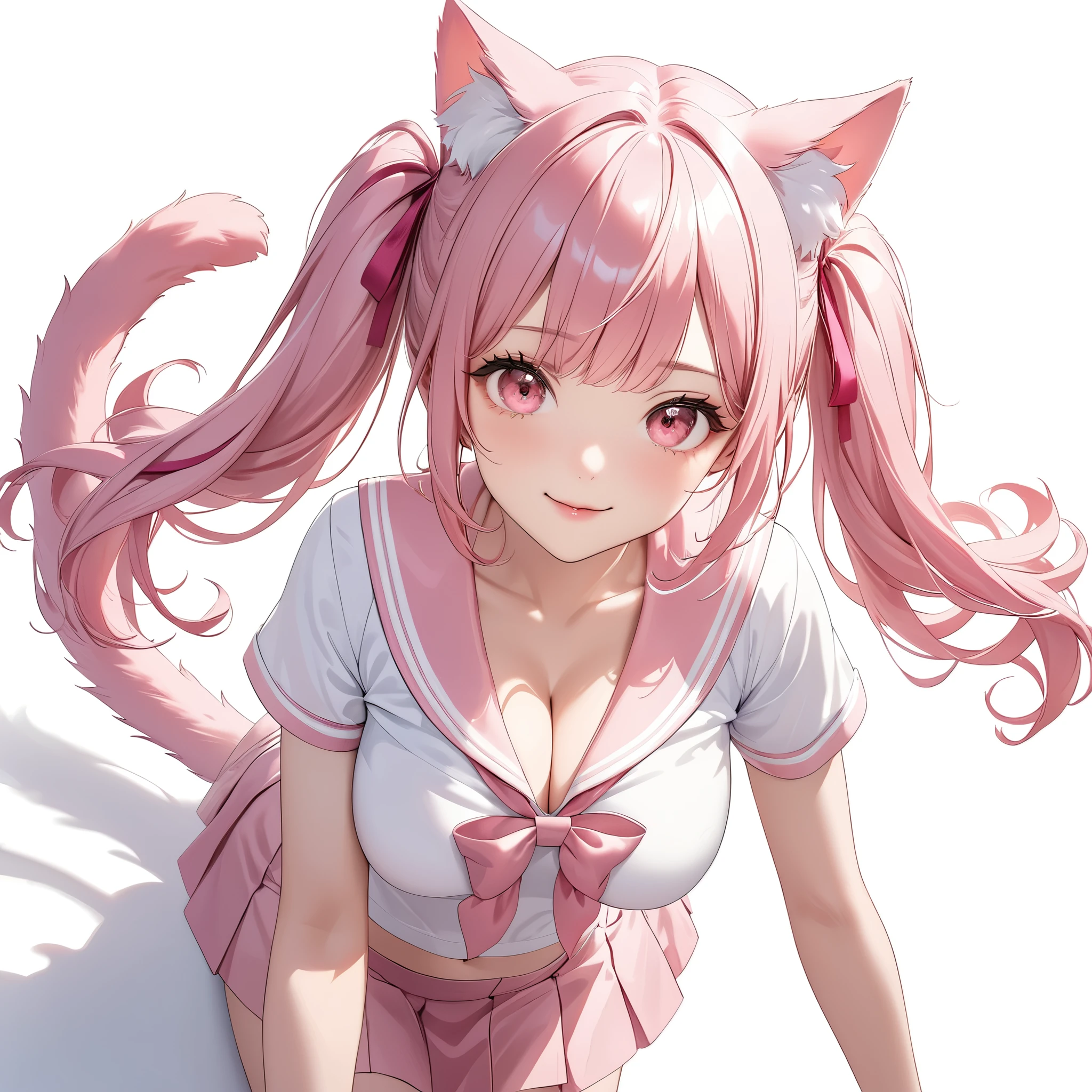 (8K, masutepiece, Best Quality, Official art, Breathtaking beauty and aesthetics, highly beautiful lighting, highly beautiful detailed), (1 Girl, Solo), (sixteen years old), (beautiful detailed face), (shiny white skin), (Beautiful big bust, cleavage, thighs, navel focus:1.3), (beautiful detailed pink twin tails hair, Bangs:1.3), (beautiful detailed drooping pink eyes:1.5), (high school uniform:1.3), (patsel pink sailor collar, white short sleeves short length outing shirt, pastel pink pleated skirt, patsel pink ribbon:1.3), (happy smile:1.2), (cute cat ears, cute fluffy cat tail:1.3), (Attractive, sensational, look at the camera, cute pose, lying, lie on her back, from above:1.3), (simple white plain background:1.5),