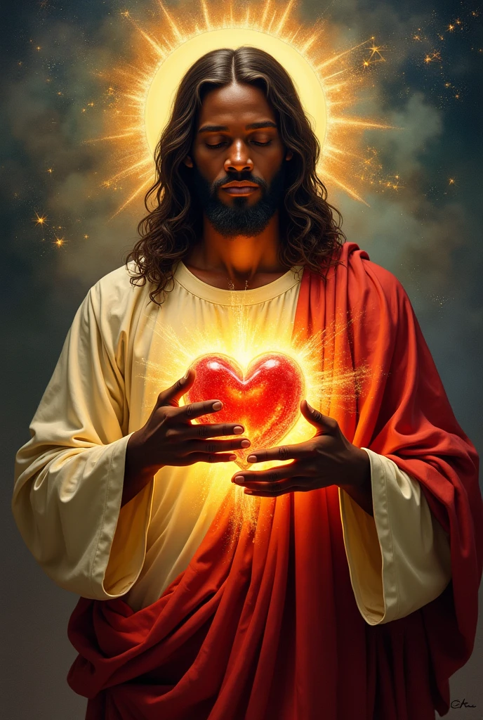 a painting of Jesus holding a heart with flames in his hands, JesusChrist, sacro energy, sacro flame spell, sacro, sacro imagery, by the Hildebrandt Brothers, por Brothers Hildebrandt, true heart, black Jesus, jesus, the lord and savior, por Joe Jusko, catholic religious art, true heart!, Corporal Hristofor Žefarović