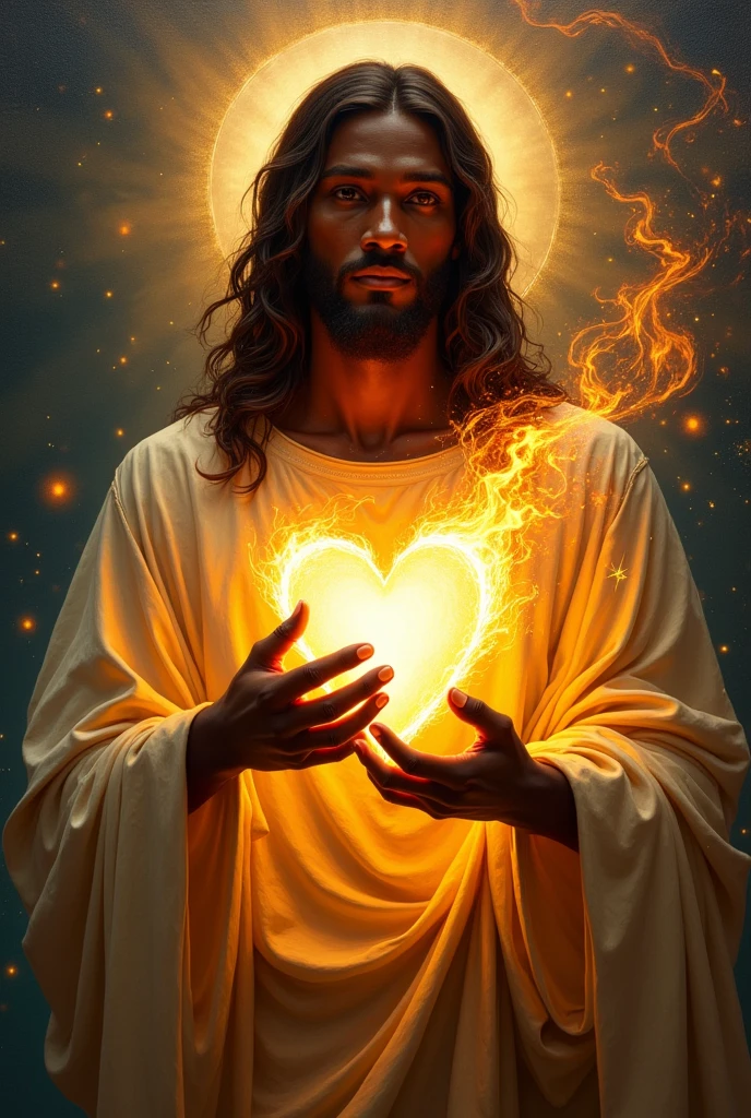 a painting of Jesus holding a heart with flames in his hands, JesusChrist, sacro energy, sacro flame spell, sacro, sacro imagery, by the Hildebrandt Brothers, por Brothers Hildebrandt, true heart, black Jesus, jesus, the lord and savior, por Joe Jusko, catholic religious art, true heart!, Corporal Hristofor Žefarović