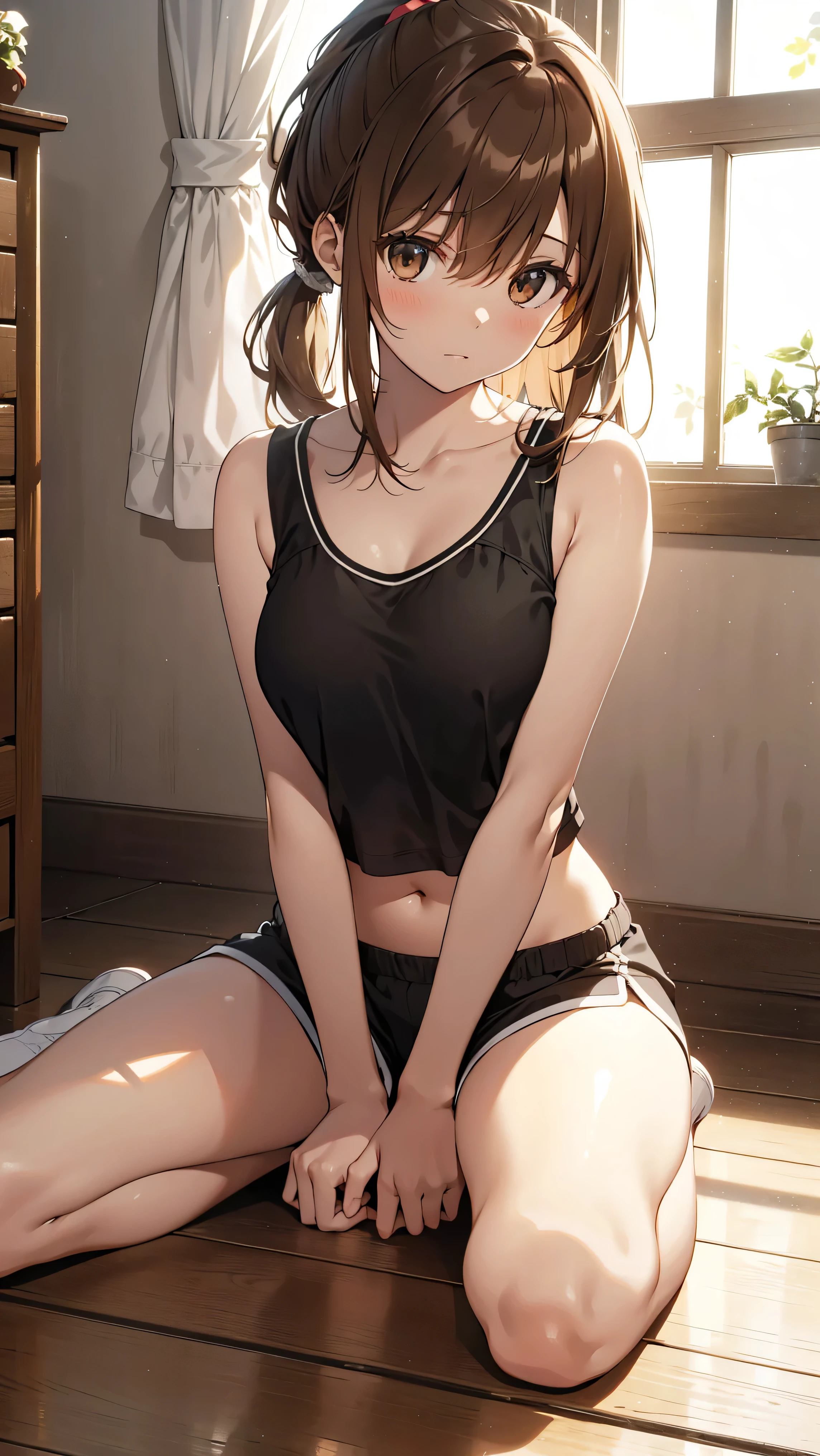 Bottom view, under shorts, sitting, high detail. One girl Mikoto Misaka with medium length light brown hair sits on the floor in a well lit room, wearing a black sports bra and short black shorts with white trim. (spread your legs, bend your knees) Ponytail of hair on the left side, Brown eyes, She has a confused look on her face. Sunlight enters through the window, illuminating the space and highlighting various objects in the room, such as clothes, hanging outside, and personal items in the background.