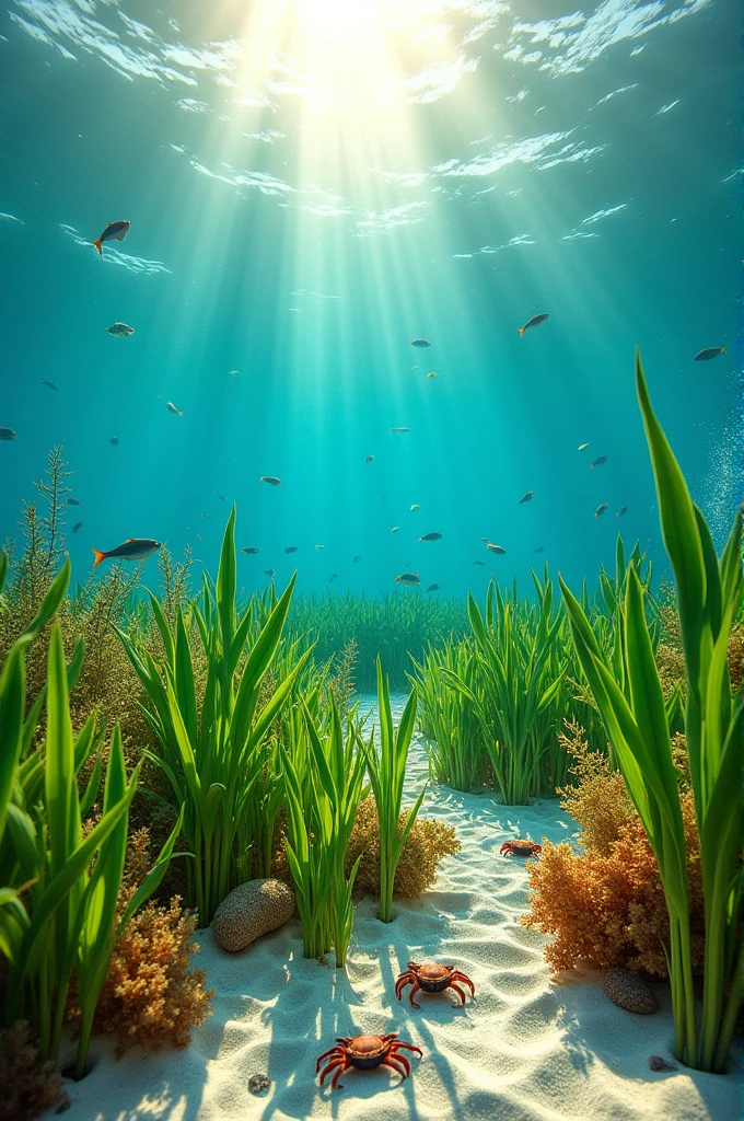 A healthy seagrass meadow, with seagrass teeming with life as it gently sways with the ocean waves