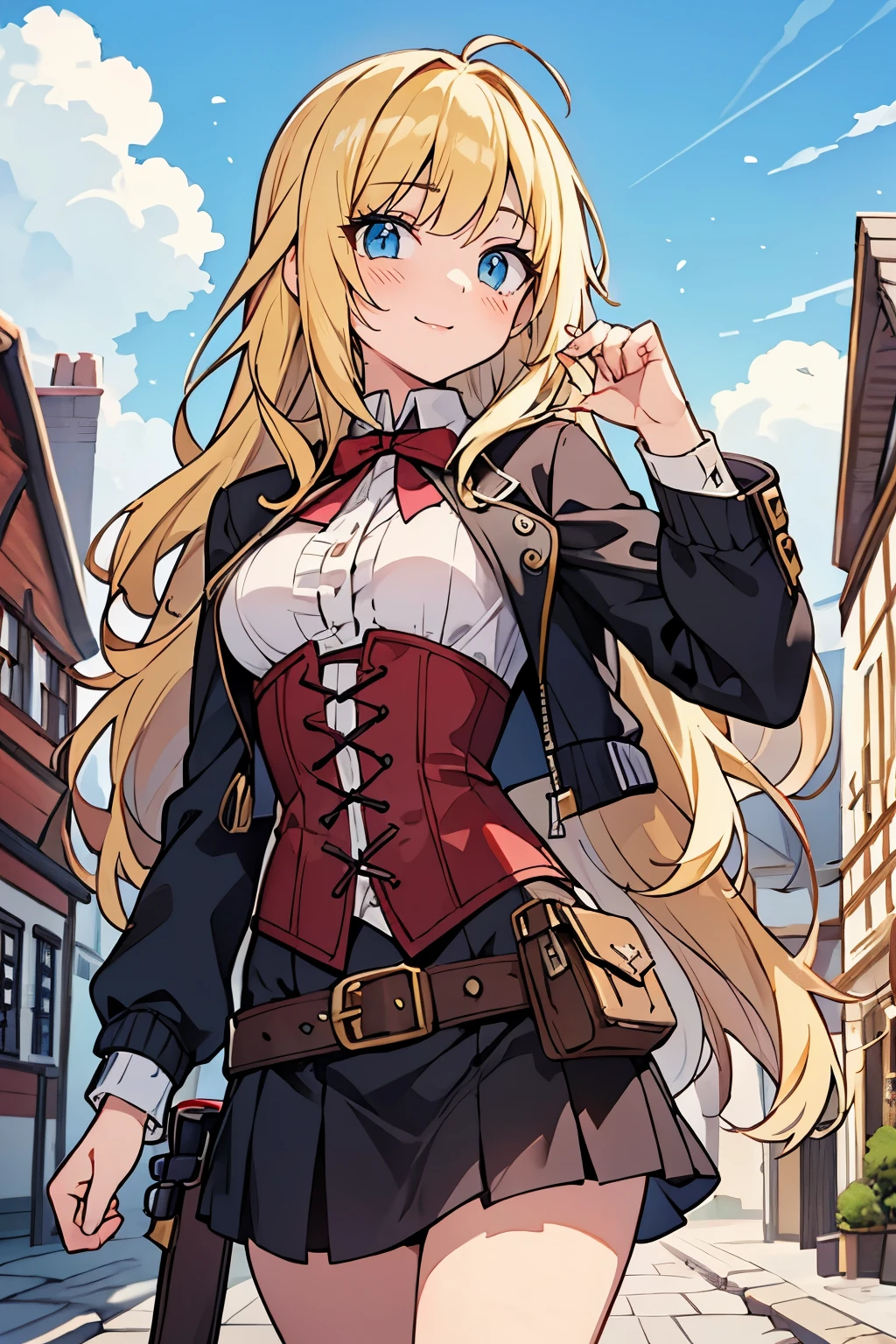 solo girl, (young female body:1.4), ( medium small breasts), knee length hair, yellow long hair, voluminous wavy very long yellow hair, extra long yellow hair, hime cut, light blue eyes, cowboy shot, castle background, medieval town with a castle, outdoor pub, town center, adventurer outfit, skirt with belt, long sleeve top, red corset, steampunk aesthetic, cropped jacket, 