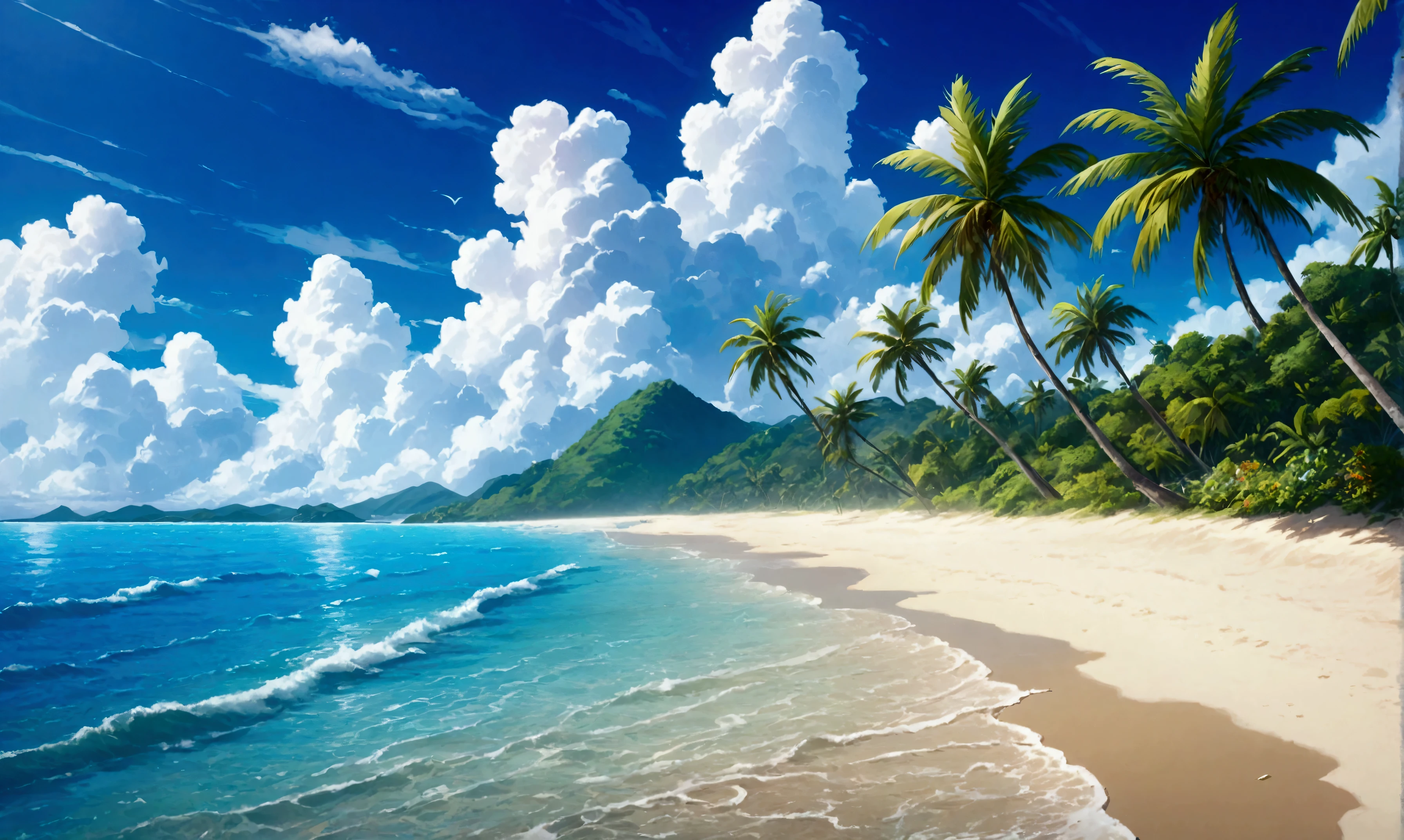 Tropical Beach,Summer Clouds,Daytime,Highest quality, 8k, High resolution, masterpiece:1.2, Very detailed, Realistic:1.37, High resolution, 超High resolution, Very detailed, Professional, Vibrant colors