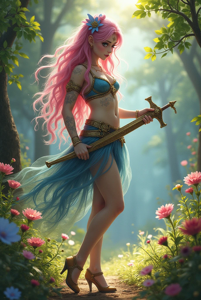 A very sexy girl with long very pink and blue hair, her skin is quite white and delicate, being covered with tattooed magic runes and a brilliant golden dust, Your eyes have heterochromia.. She wears the robes of a beautiful elegant muse and also likes to wear high heels, She is of noble origin and is the daughter of a genius. She is an adventurer and loves music, ela é uma barda e está sempre com your mandolin em mãos assim como sua bela espada, your mandolin, sword and hair are always surrounded by butterflies, She also wears a ruby ring., Your high heel is very delicate..