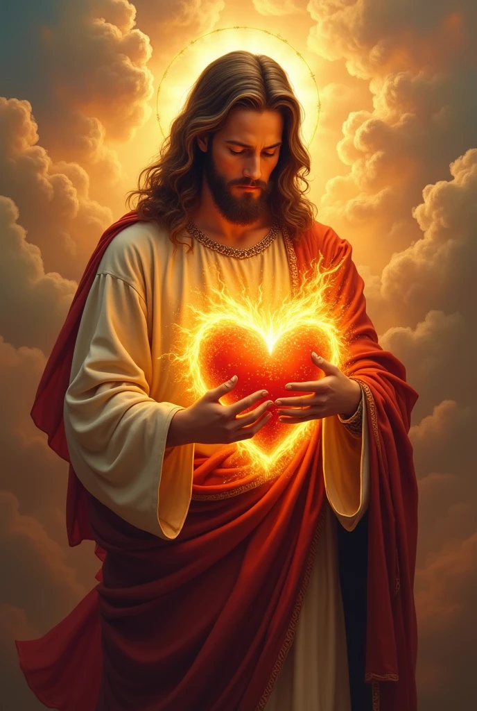 a painting of Jesus holding a heart with flames in his hands, JesusChrist, sacro energy, sacro flame spell, sacro, sacro imagery, by the Hildebrandt Brothers, por Brothers Hildebrandt, true heart, black Jesus, jesus, the lord and savior, por Joe Jusko, catholic religious art, true heart!, Corporal Hristofor Žefarović