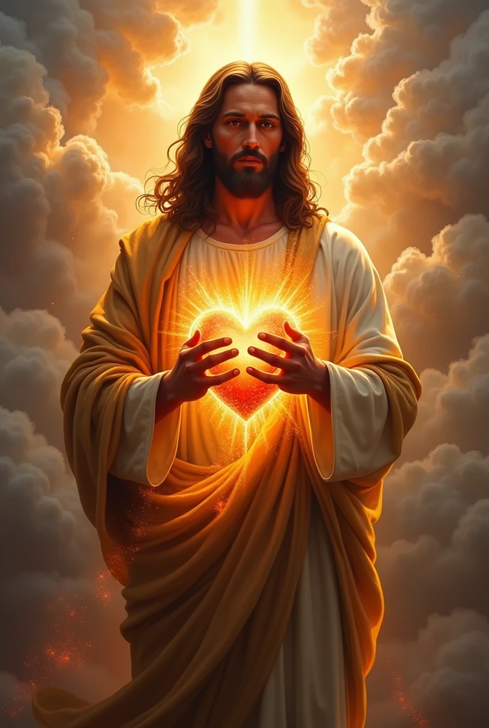 a painting of Jesus holding a heart with flames in his hands, JesusChrist, sacro energy, sacro flame spell, sacro, sacro imagery, by the Hildebrandt Brothers, por Brothers Hildebrandt, true heart, black Jesus, jesus, the lord and savior, por Joe Jusko, catholic religious art, true heart!, Corporal Hristofor Žefarović