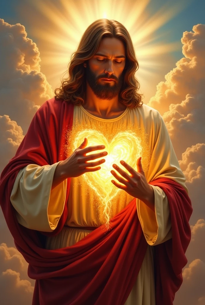 a painting of Jesus holding a heart with flames in his hands, JesusChrist, sacro energy, sacro flame spell, sacro, sacro imagery, by the Hildebrandt Brothers, por Brothers Hildebrandt, true heart, black Jesus, jesus, the lord and savior, por Joe Jusko, catholic religious art, true heart!, Corporal Hristofor Žefarović
