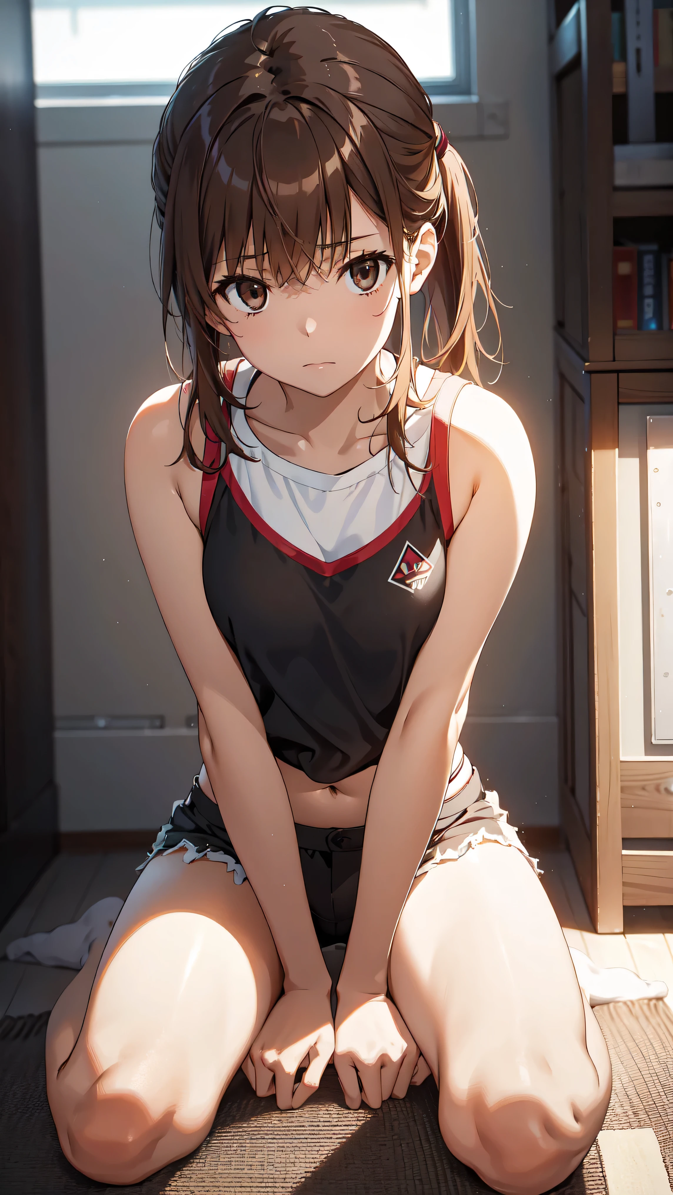 (Bottom view), sitting on the floor, spread your legs, raise your knees, hands behind your back, high detail. One girl Mikoto with medium length light brown hair sits on the floor in a well lit room, wearing a black sports bra and short black shorts with white trim. Ponytail of hair on the left side, Brown eyes, She has a confused look on her face. Sunlight enters through the window, illuminating the space and highlighting various objects in the room, such as clothes, hanging outside, and personal items in the background.