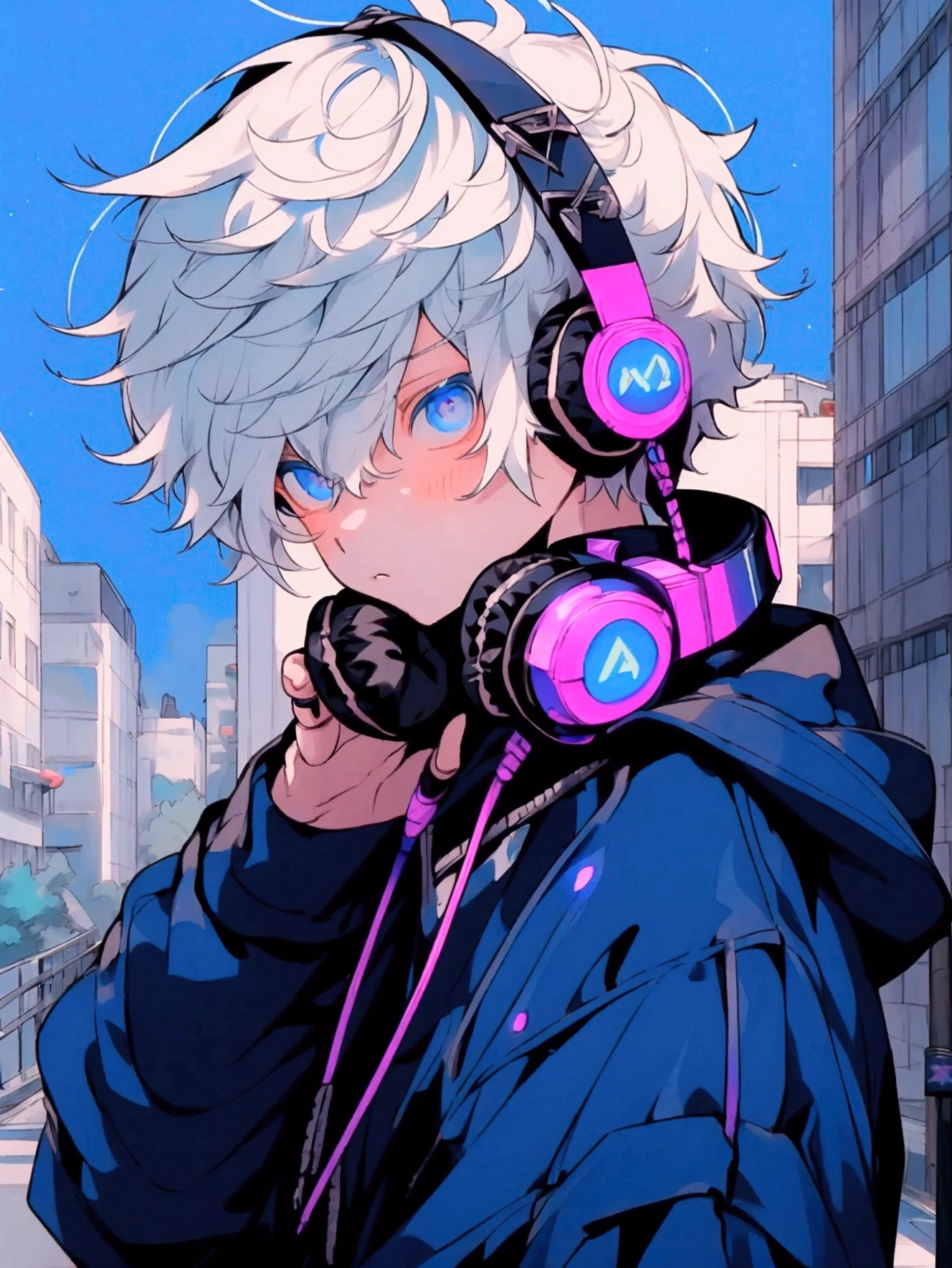 (shortcut), (two block hair), (white hair), (blue eyes), (cool pose), (highest quality), (masterpiece), (ultra-detailed), (oversized hoodies), (Street) , (anime style), (softtown), (nightcore), (handsome male character), (listen to music through headphones), (natural appearance of the building), (casual), (anime style ig studios) , (Angle super cute vision),