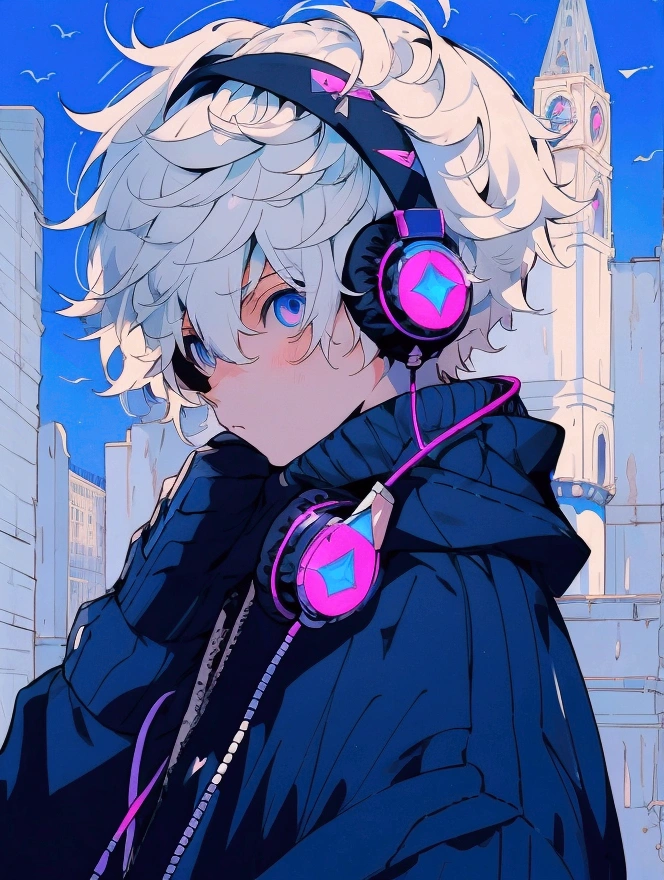 (shortcut), (two block hair), (white hair), (blue eyes), (cool pose), (highest quality), (masterpiece), (ultra-detailed), (oversized hoodies), (Street) , (anime style), (softtown), (nightcore), (handsome male character), (listen to music through headphones), (natural appearance of the building), (casual), (anime style ig studios) , (Angle super cute vision),