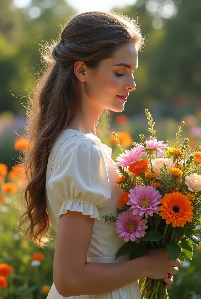 Long Hair　In the flower garden　Upper Body　Holding a bouquet　outsider　French　cute　Plain dress　Profile view
Ear is visible　Stylish atmosphere　Close-up of face　Not wearing accessories　Antique atmosphere