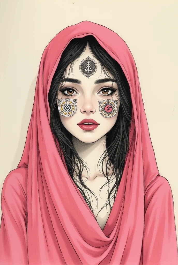 a gypsy woman, with pink garments and a deck of cards on her face. A close-up on the Gypsy's face and the cards. It needs to be a minimalist drawing.