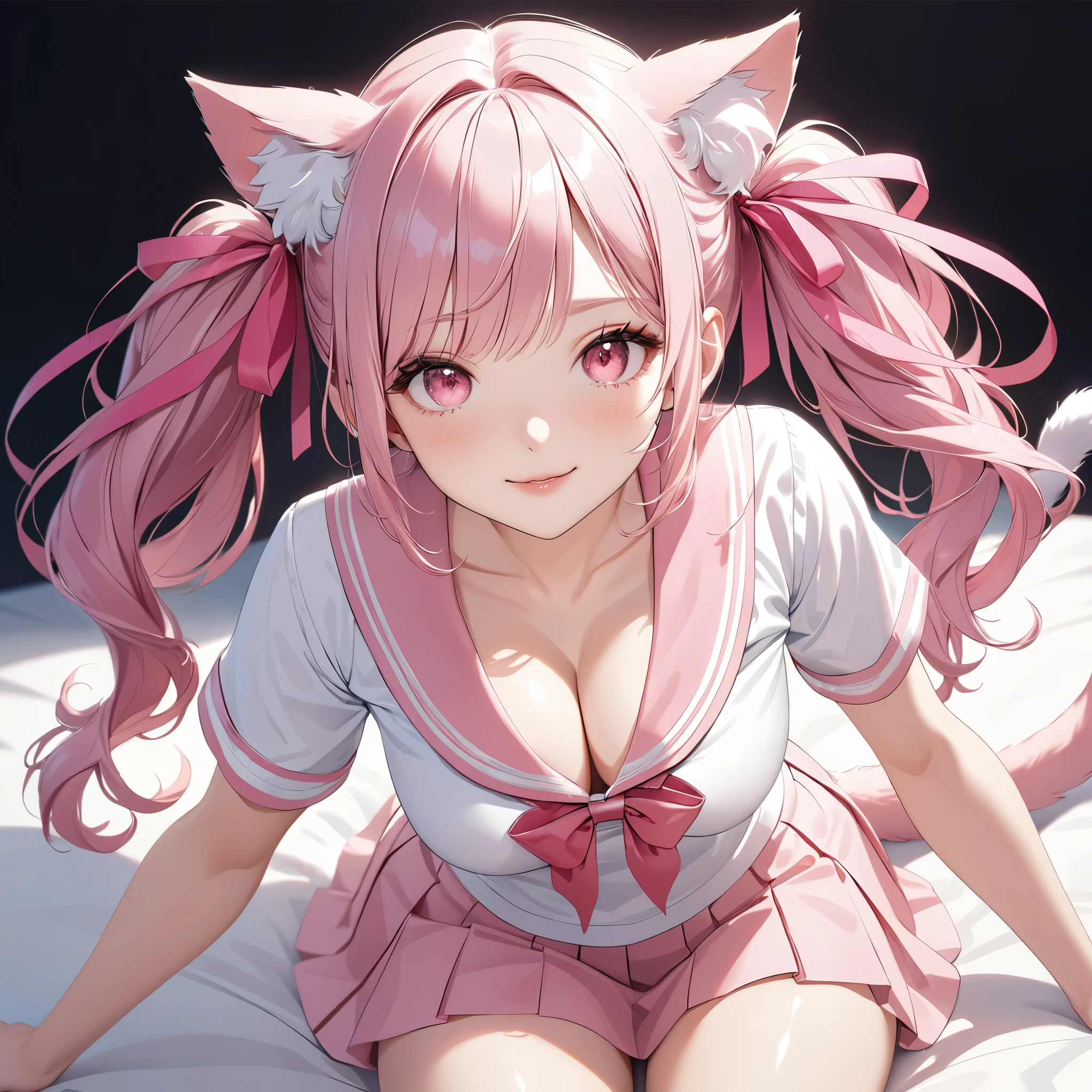 (8K, masutepiece, Best Quality, Official art, Breathtaking beauty and aesthetics, highly beautiful lighting, highly beautiful detailed), (1 Girl, Solo), (sixteen years old), (beautiful detailed face), (shiny white skin), (Beautiful big bust, cleavage, thighs, navel focus:1.3), (beautiful detailed pink twin tails hair, Bangs:1.3), (beautiful detailed drooping pink eyes:1.5), (high school uniform:1.3), (patsel pink sailor collar, white short sleeves short length outing shirt, pastel pink pleated skirt, patsel pink ribbon:1.3), (happy smile:1.2), (cute cat ears, cute fluffy cat tail:1.3), (Attractive, sensational, look at the camera, cute pose, lying, lie on her back, from above:1.3), (simple white plain background:1.5),