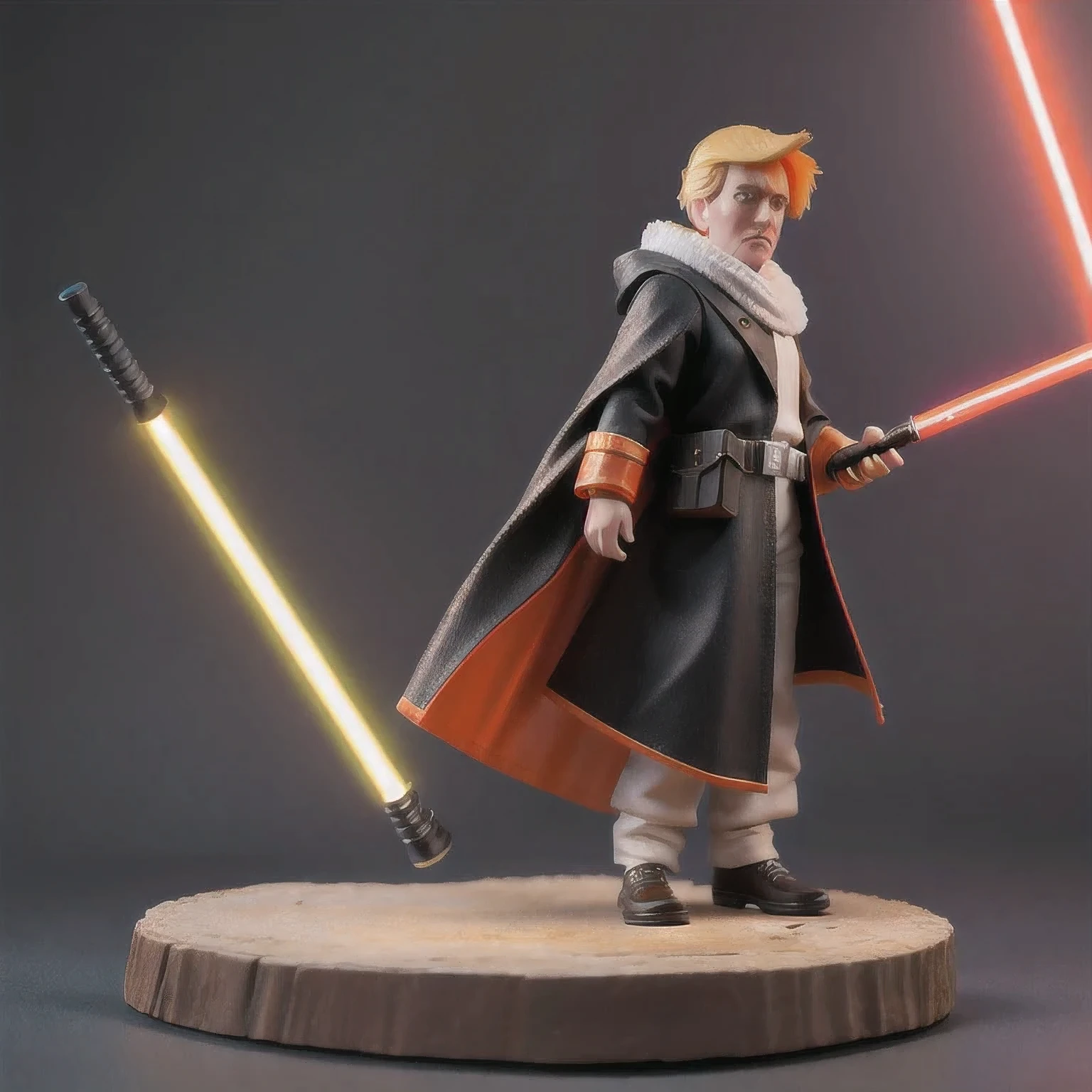 Black gold silk cyberpunk mine snow light orange rough linen cloak Trump lightsaber space floating 1:6 Miniatures，illustration