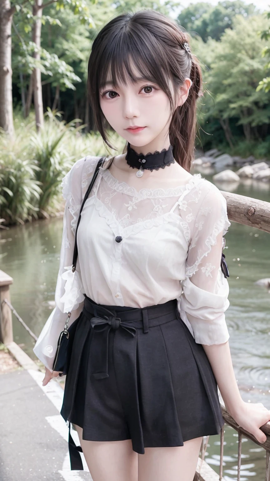 A super cute, sexy, tsundere girl、Waist size is 21 inches、A cute pleated skirt with an ultra-thin waist、Cute oversized shirt、Big Breasts、A forest road along a river hidden from view、The highest standard of ultra-high definition full-body photos、(Small face)、No makeup、Sexy lips、Chignon hairstyle、