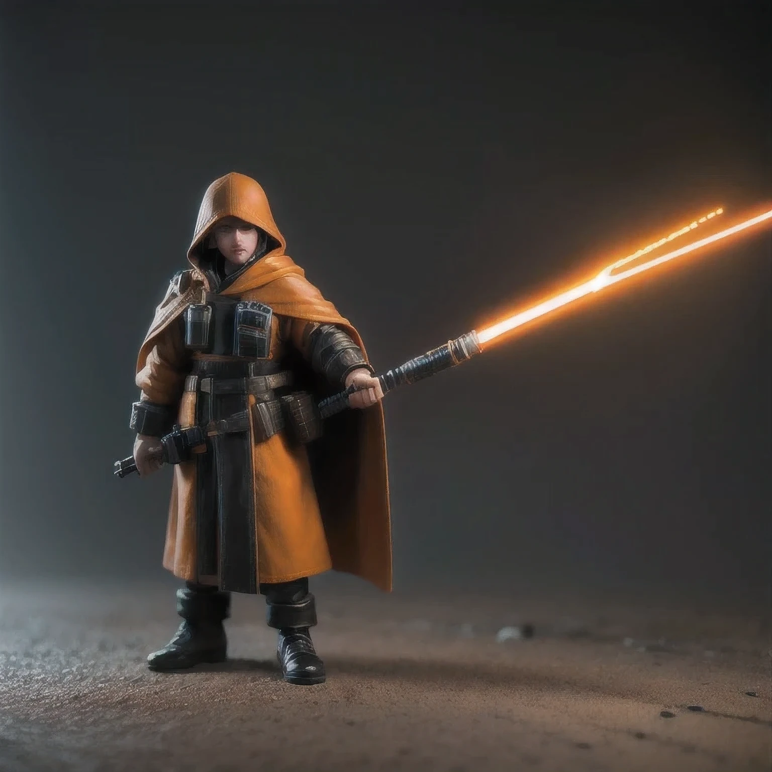 Black gold silk cyberpunk mine snow light orange rough linen cloak Trump lightsaber space floating 1:6 Miniatures，illustration