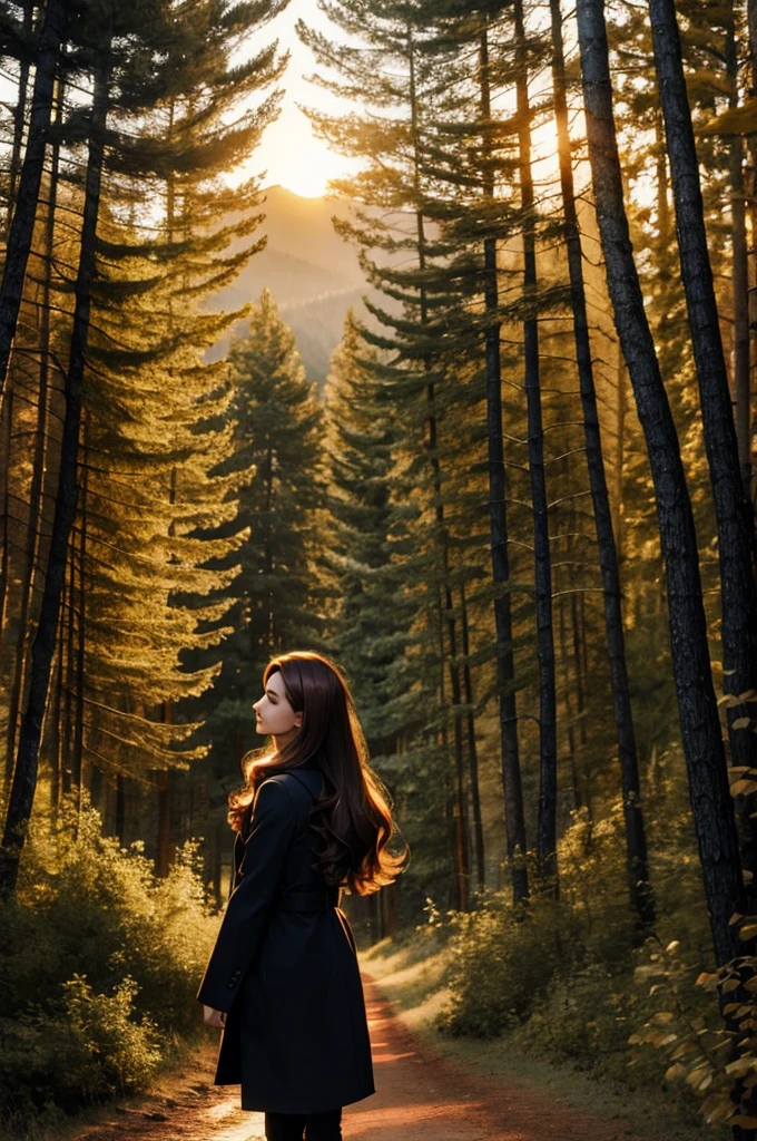 A beautiful, mysterious woman with brown hair, Watching the sunset in a beautiful forest