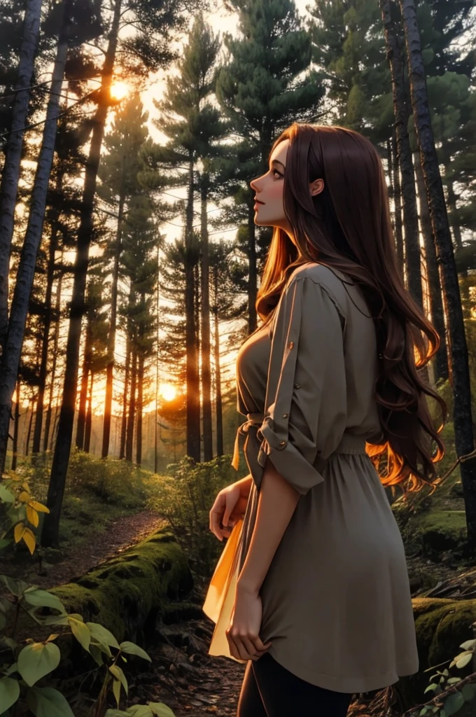 A beautiful, mysterious woman with brown hair, Watching the sunset in a beautiful forest