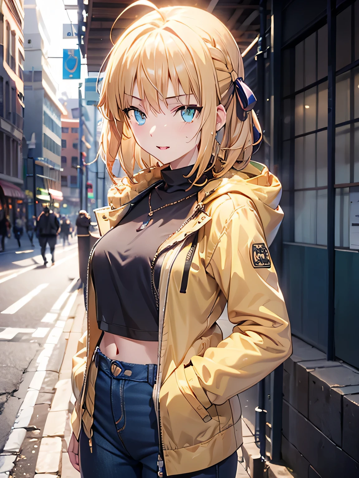 masterpiece, beautiful detail, beautiful light and shadow,Beautiful Anime Woman, Beautiful art style, Anime characters,1girl, ((((solo)))),saber,blonde hair, short hair, hair ribbon, casual,Street attire,oversized orange coat, hands in pockets,navel, white collar,outdoors,winter,smile,parted lips break ((dynamic pose)), dramatic makeup, close-up