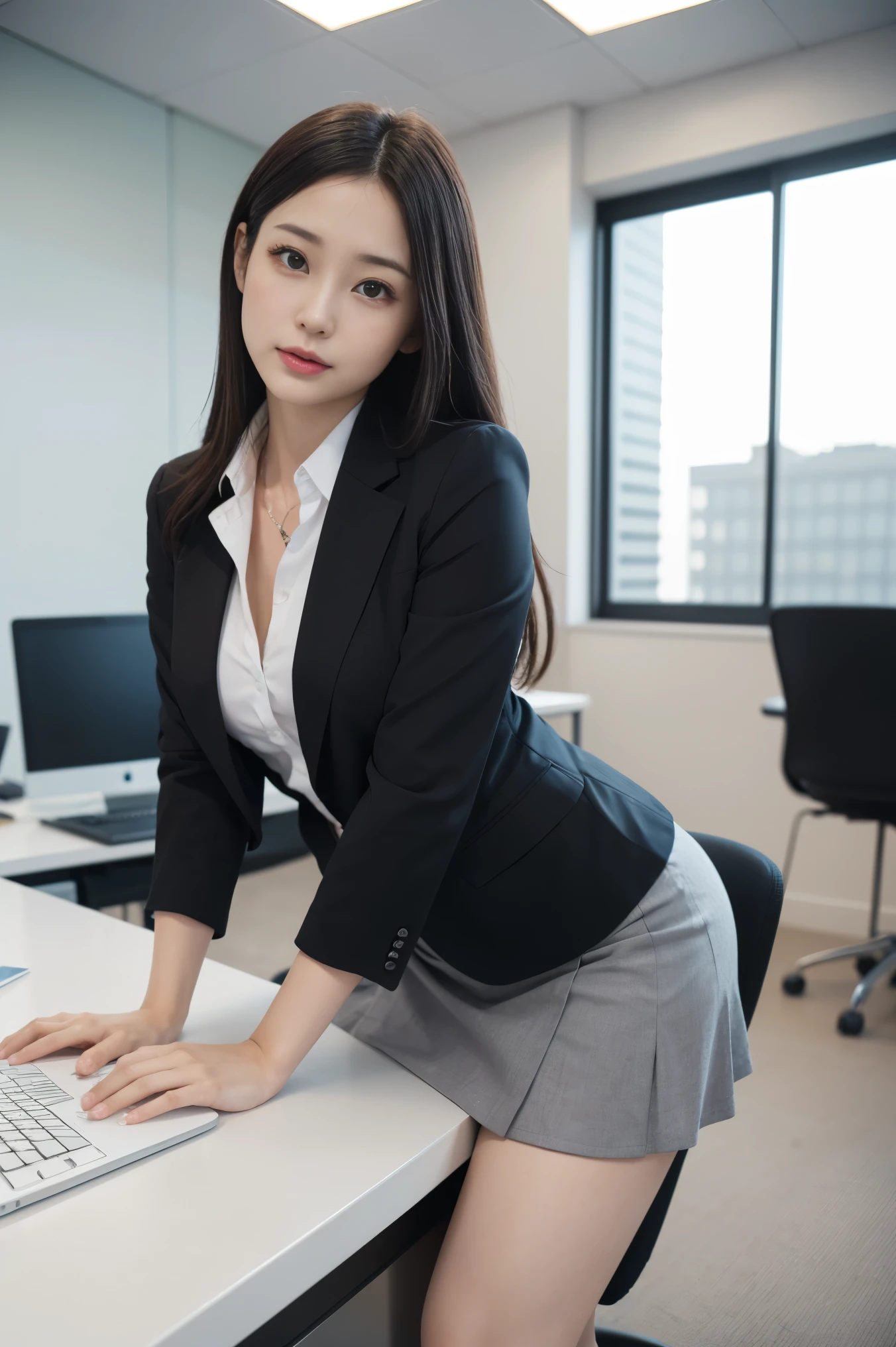 (1 Female), beautiful, (Highest quality:1.4), (Very detailed), (Very detailed CG 統合 8k 壁紙), Very detailed, High resolution raw color photos, Professional photography, Great face and eyes, compensate, (驚くほどbeautiful), ((suit)), ((mini skirt)), (A business shirt with a wide open chest:1.3), (Sales Office:1.3), (:1.3), Business Desk, Chair, Windows, Computer, View from below