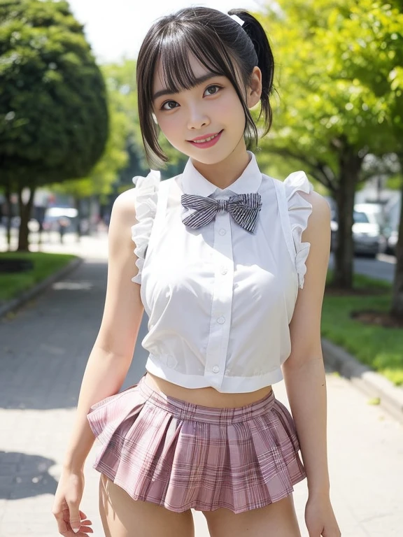 1 Japanese girl standing, sleeveless white shirt, plaid bow tie, thong with plaid frill, bangs, smiles, thighs, knees, short cut hair, pony Tail, in park